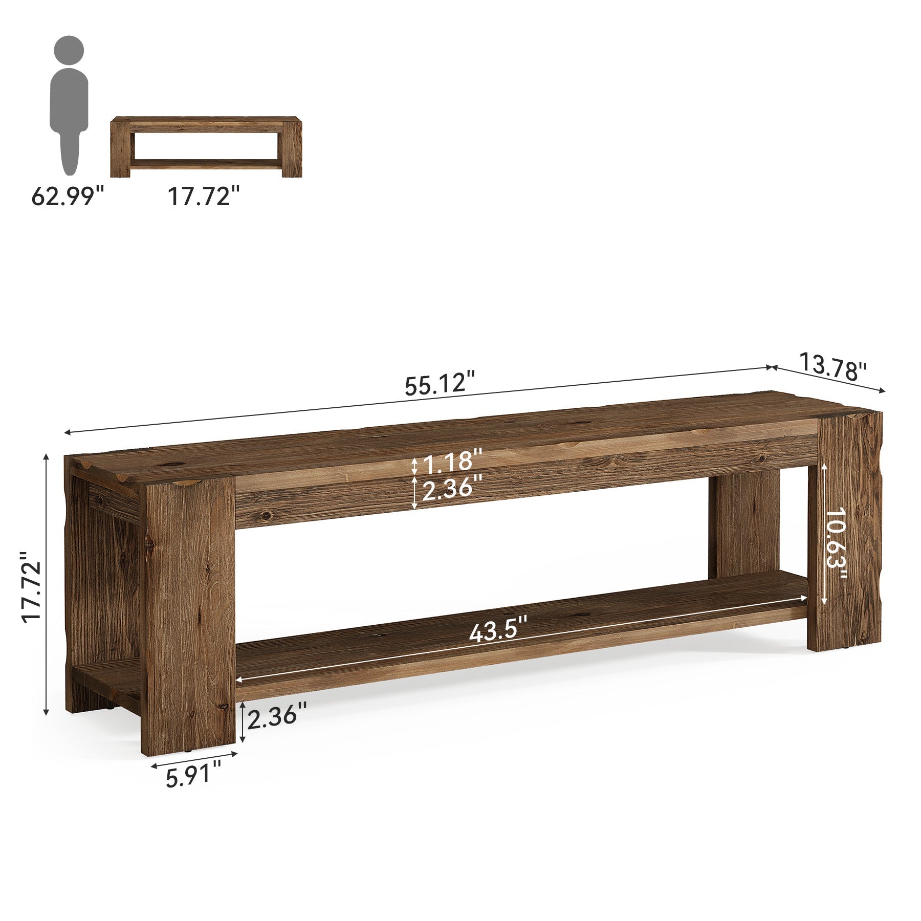 Tribesigns massief houten schoenenbank 140 cm met opbergplank, 2-niveaus gangbank voor de entree