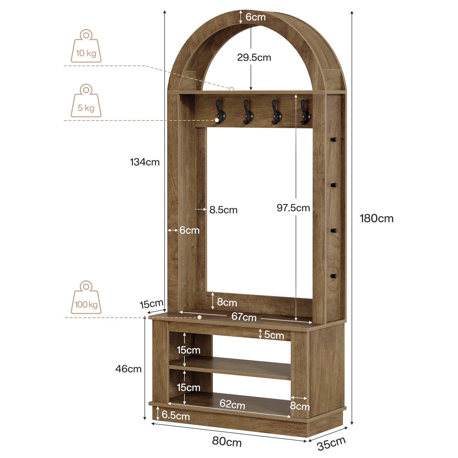 Tribesigns halgarderobe met zitbank en schoenenrek, 5-in-1 kapstok met 12 haken, wandplank en schoenenrek