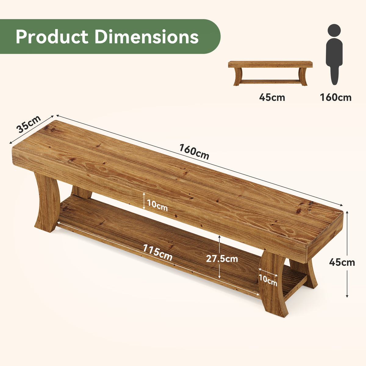 160 cm houten entreebank met opbergrek en massief houten design, landelijke schoenenbank voor hal en woonkamer
