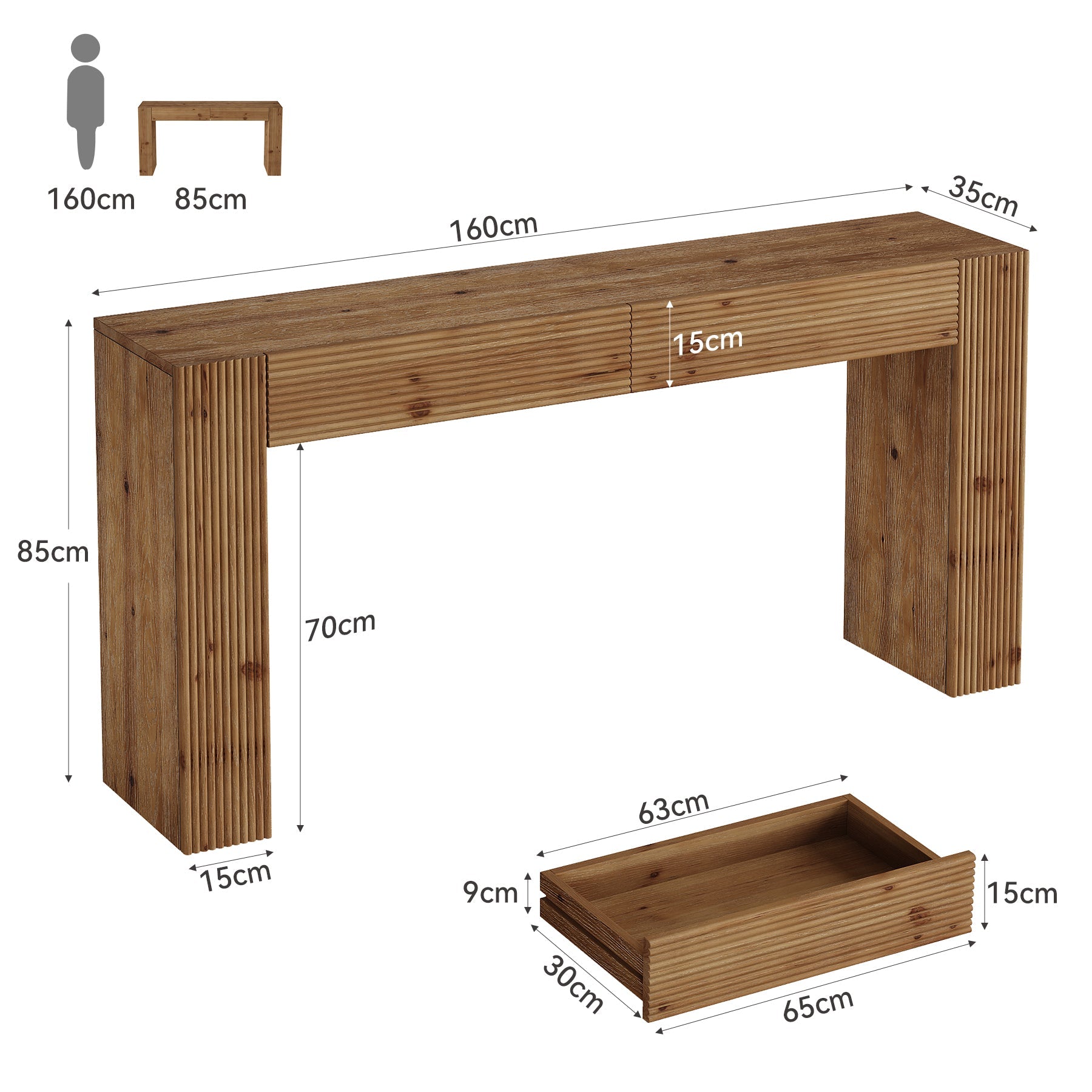 Tribesigns massief houten consoletafel van 160 cm met 2 lades, haltafel met geribbelde afwerking