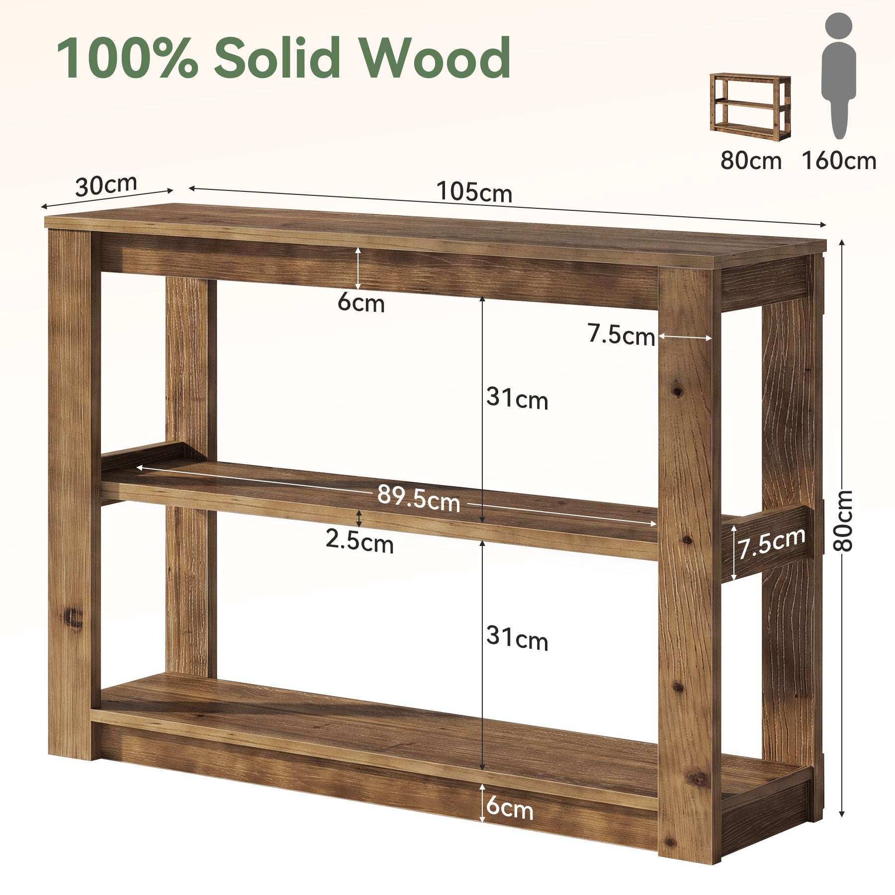 Tribesigns 105 cm massief houten consoletafel met 3 legplanken, smalle haltafel in landelijke stijl