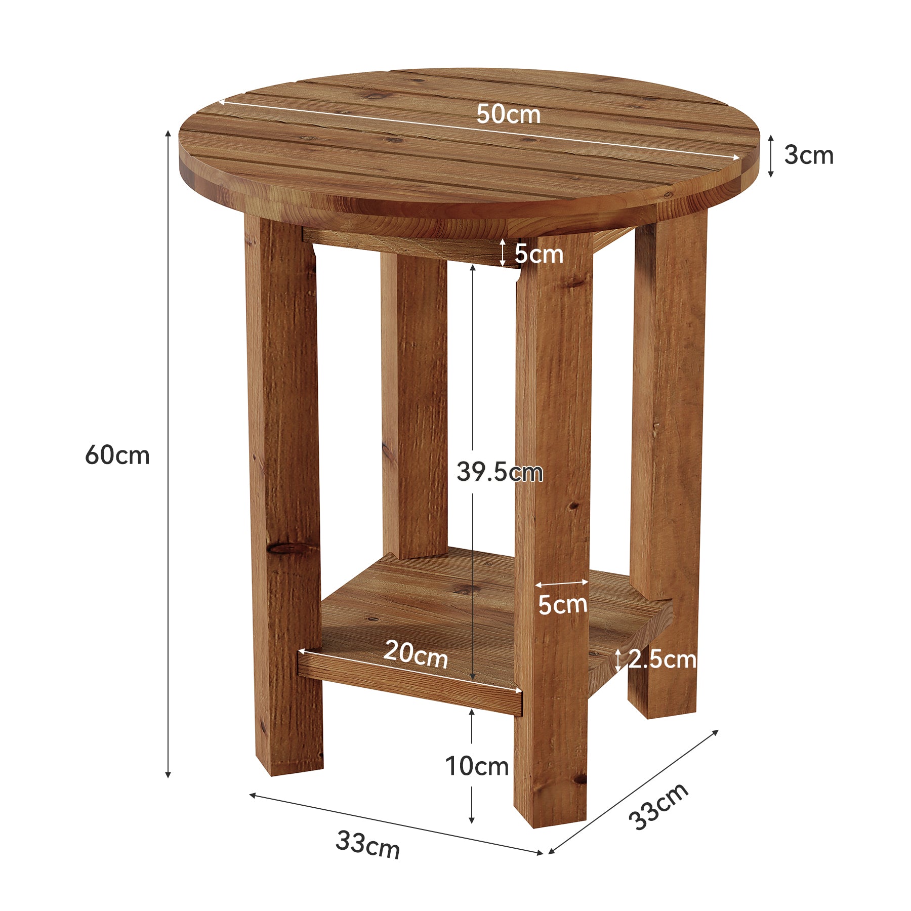 50 cm Tribesigns Ronde Bijzettafel, Massief Houten Tafel met Opbergplank
