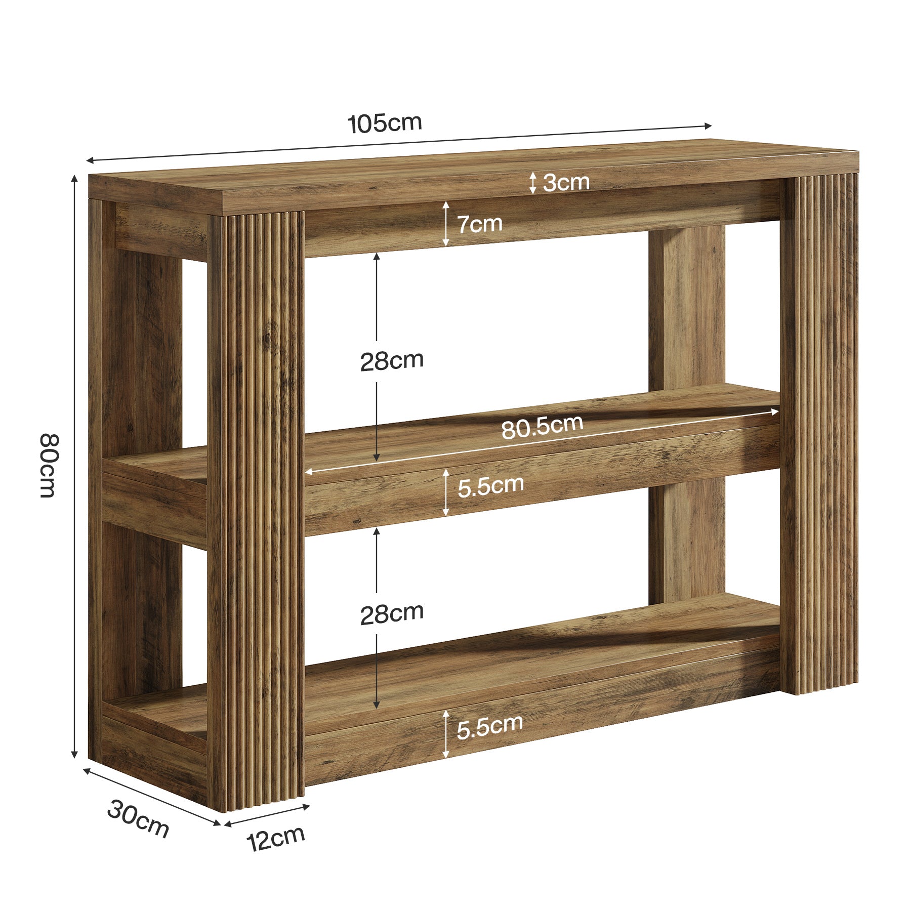 105 cm Landelijke Consoletafel met 3 Planken, Smalle Banktafel