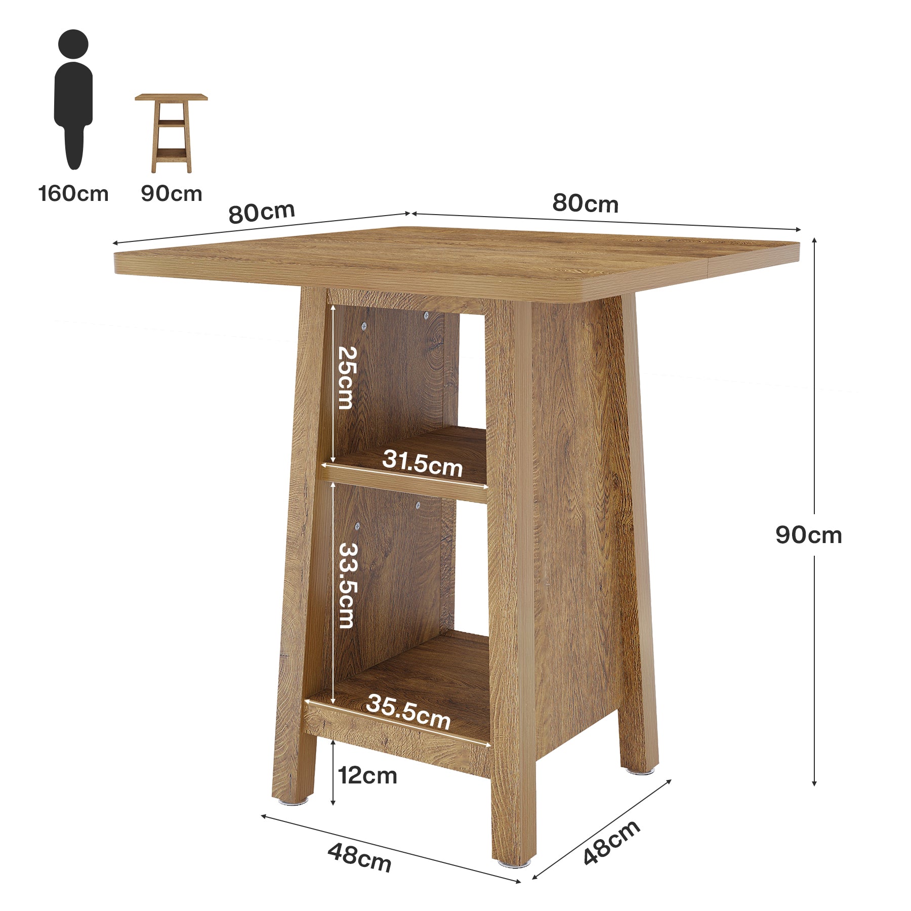 Tribesigns 90 cm hoge bartafel, vierkante pubtafel met 2 planken voor horeca