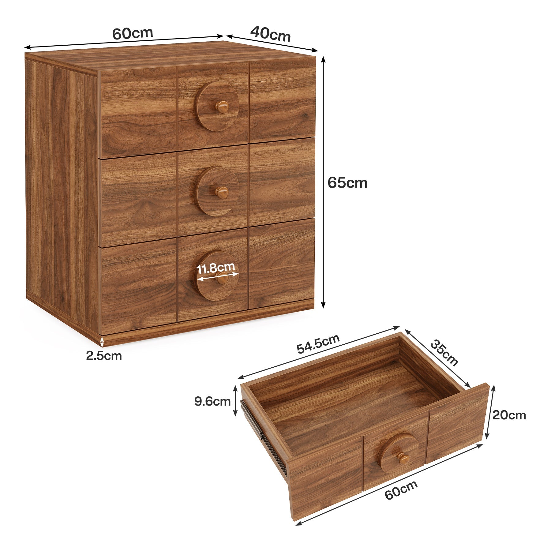 Bedside Tafel, Retro Nachtkastje met 3 Opberglades en Houten Afwerking