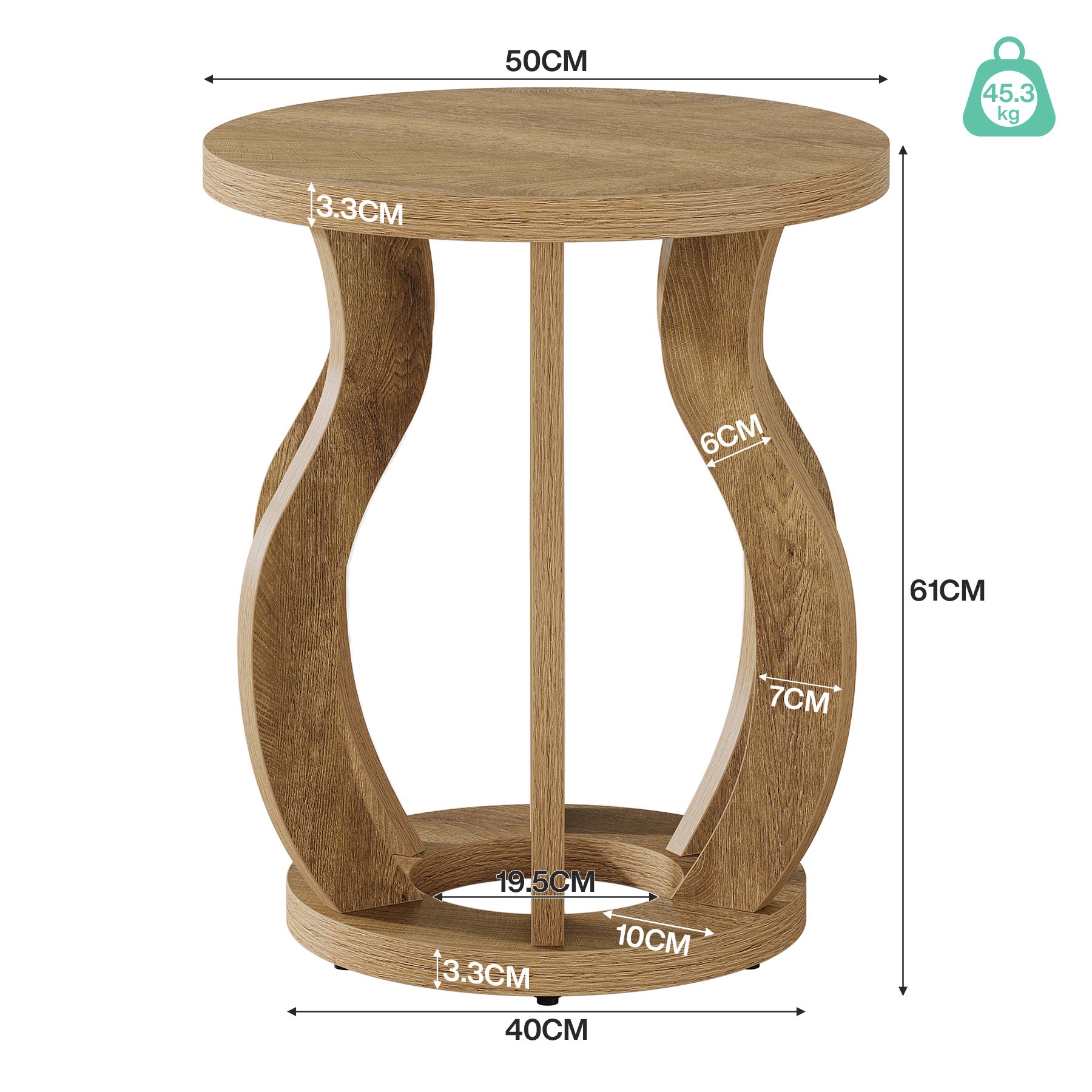 61 cm Ronde Houten Bijzettafel, Farmhouse Nachtkastje met Gebogen Frame