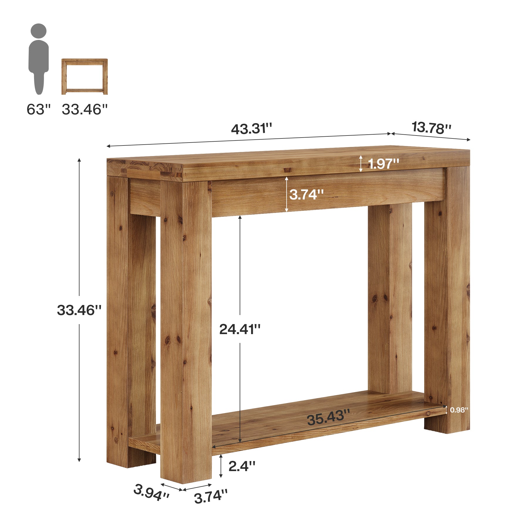 110 cm massief houten farmhouse consoletafel, smalle sidetable voor woonkamer en hal