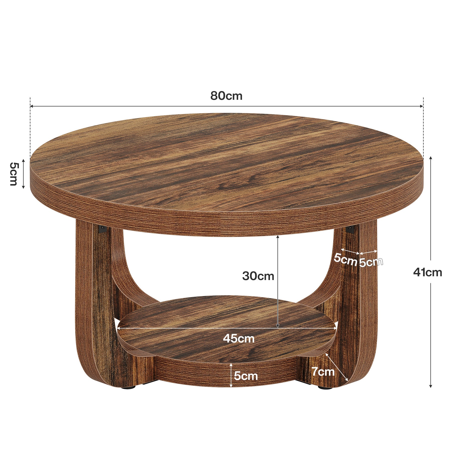 Ronde Salontafel van 80 cm met 2 Lagen en Opbergruimte, Moderne Houten Accenttafel in Rustiek Bruin voor Woonkamer