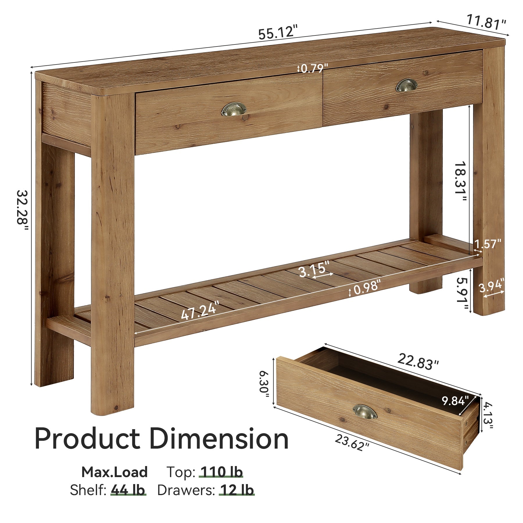 Tribesigns massief houten consoletafel 140 cm, haltafel met 2 lades en open opbergruimte