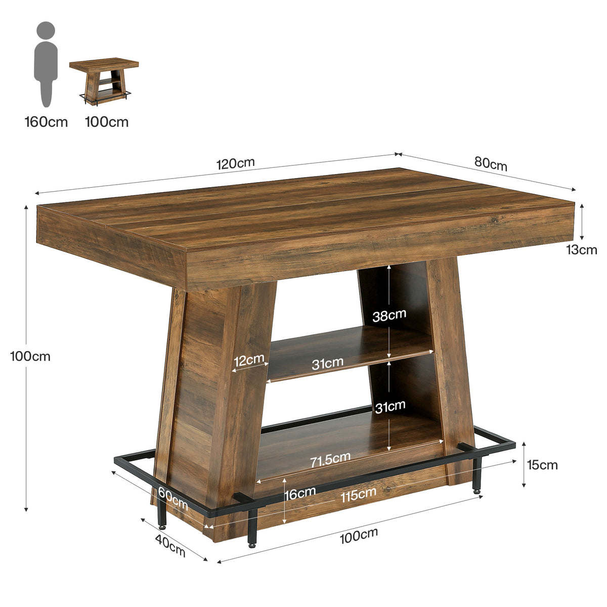 120 cm Tribesigns hoge bartafel met 3 opbergplanken, industriële keukentafel met voetsteun voor eetkamer