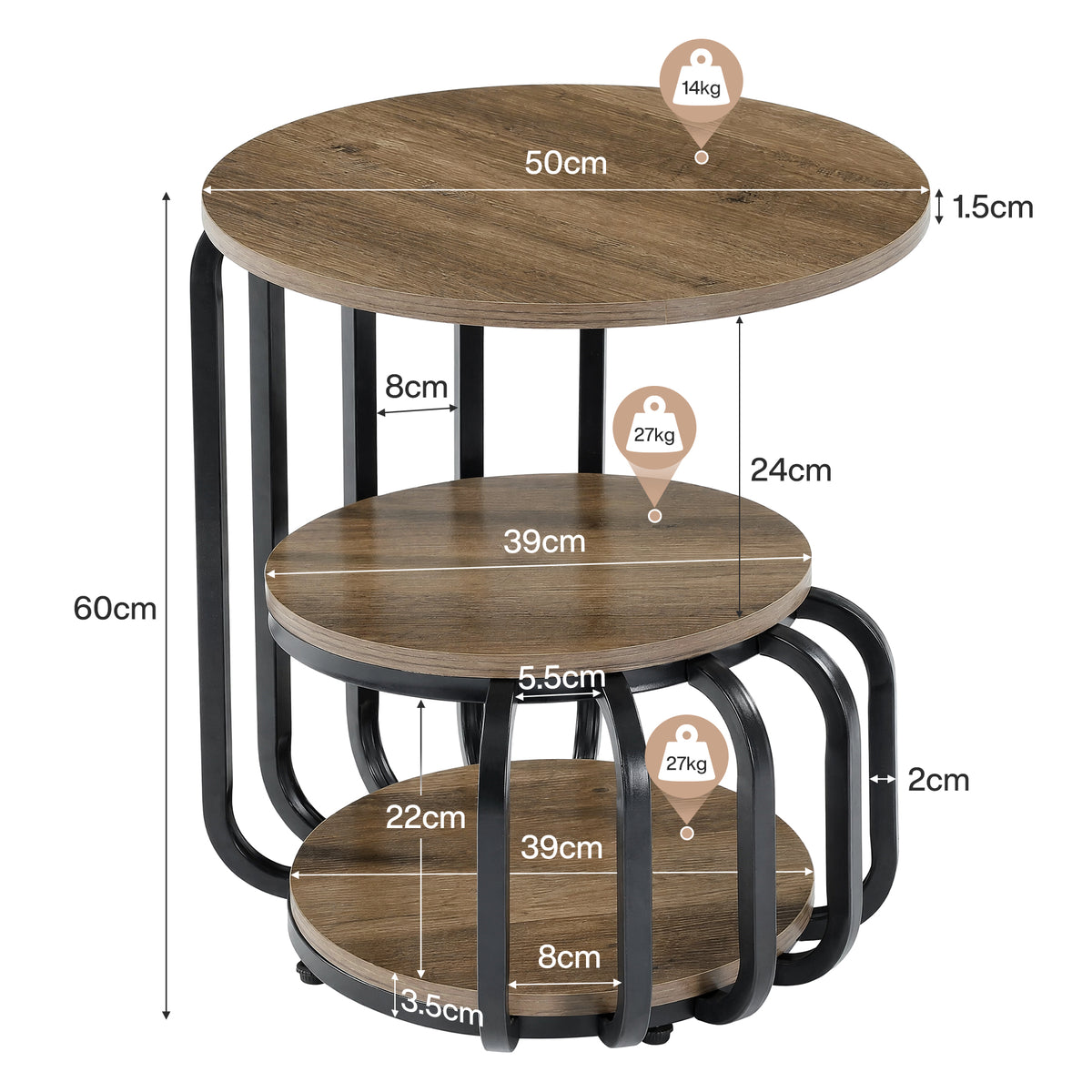 50 x 50 x 60 cm ronde bijzettafel met 3-laags opbergrek, industriële sidetable met metalen frame