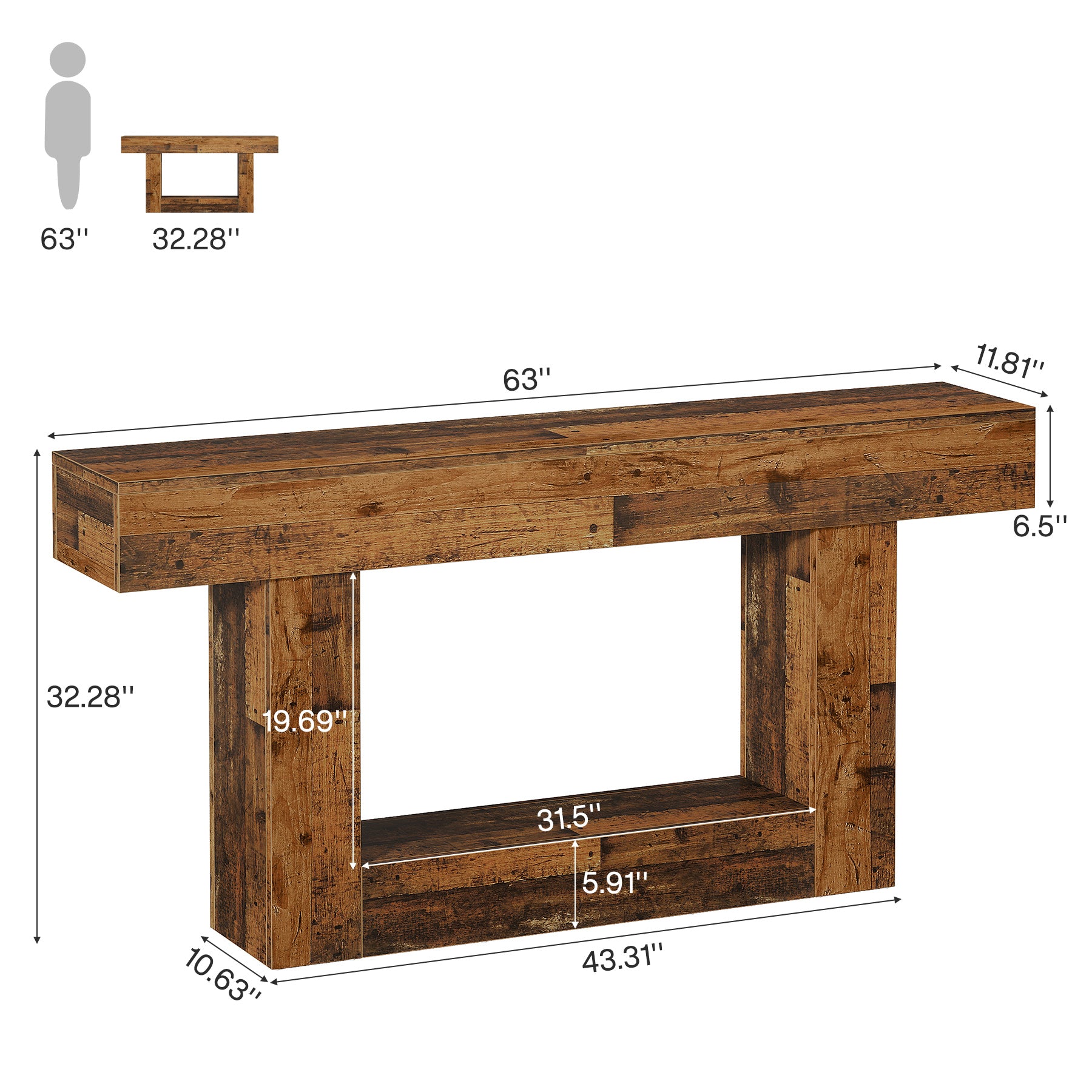 160 cm Boerenstijl Consoletafel, Tweelaagse Entreetafel met Opbergruimte in Rustiek Bruin
