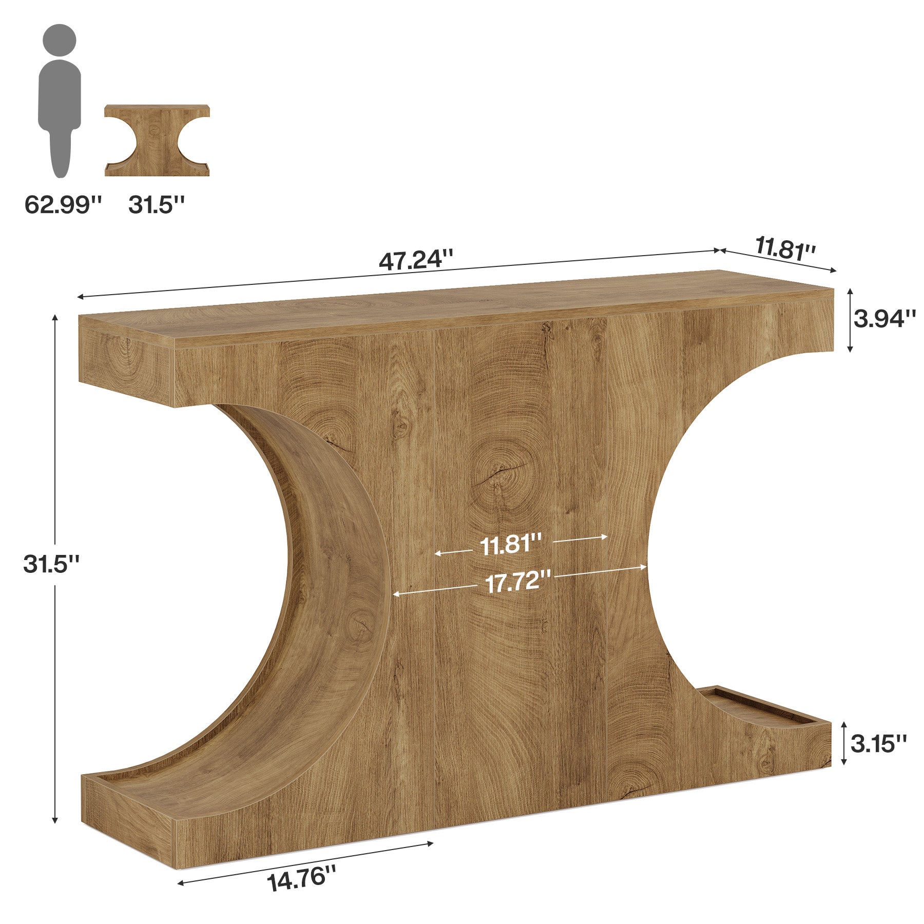 120 cm Landelijke Consoletafel met C-Vormige Poten, Smalle Haltafel van Hout Bruin voor Woonkamer