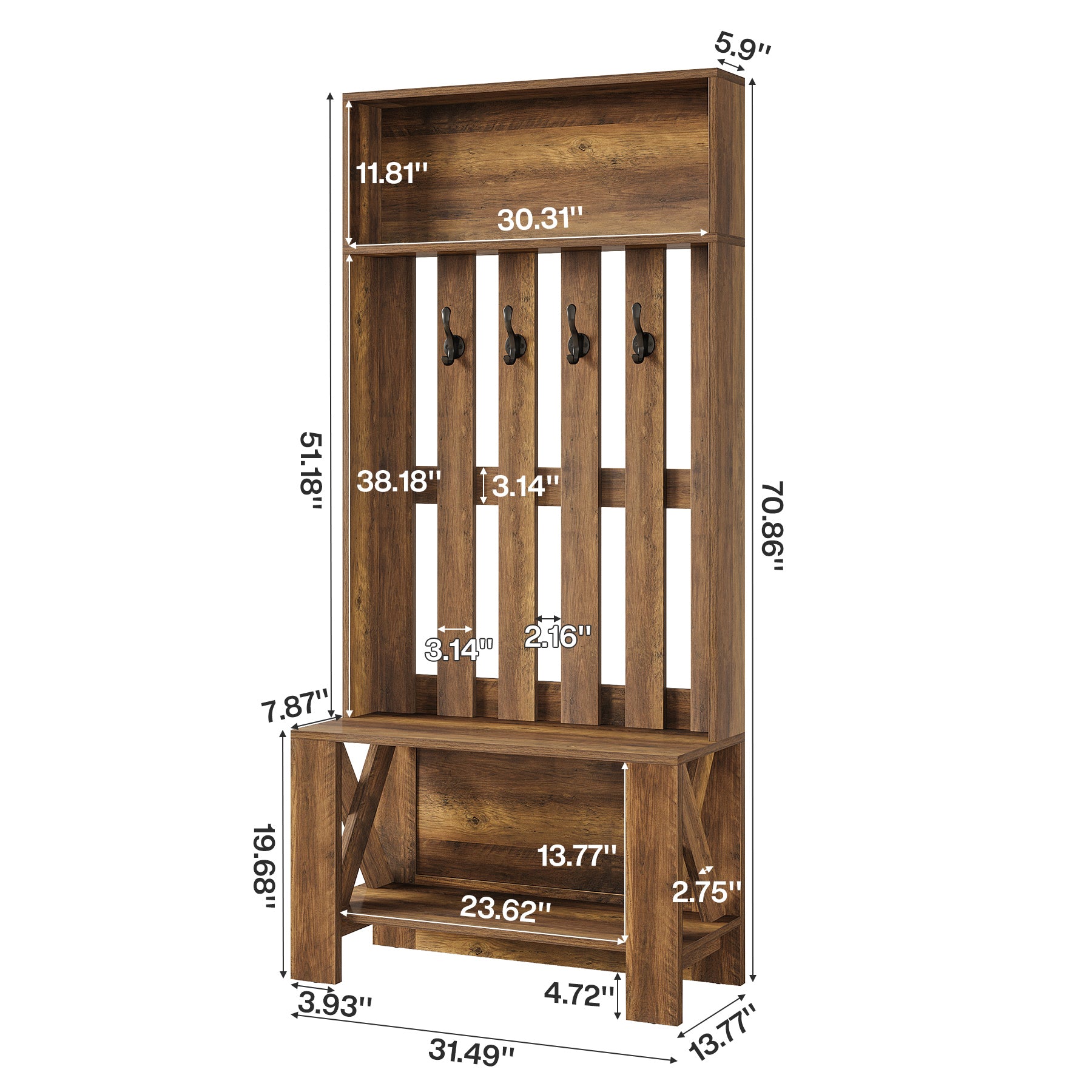 180 cm Halmeubel met Bank en Schoenopslag, Smalle Kapstok met Haken voor Hal en Entree