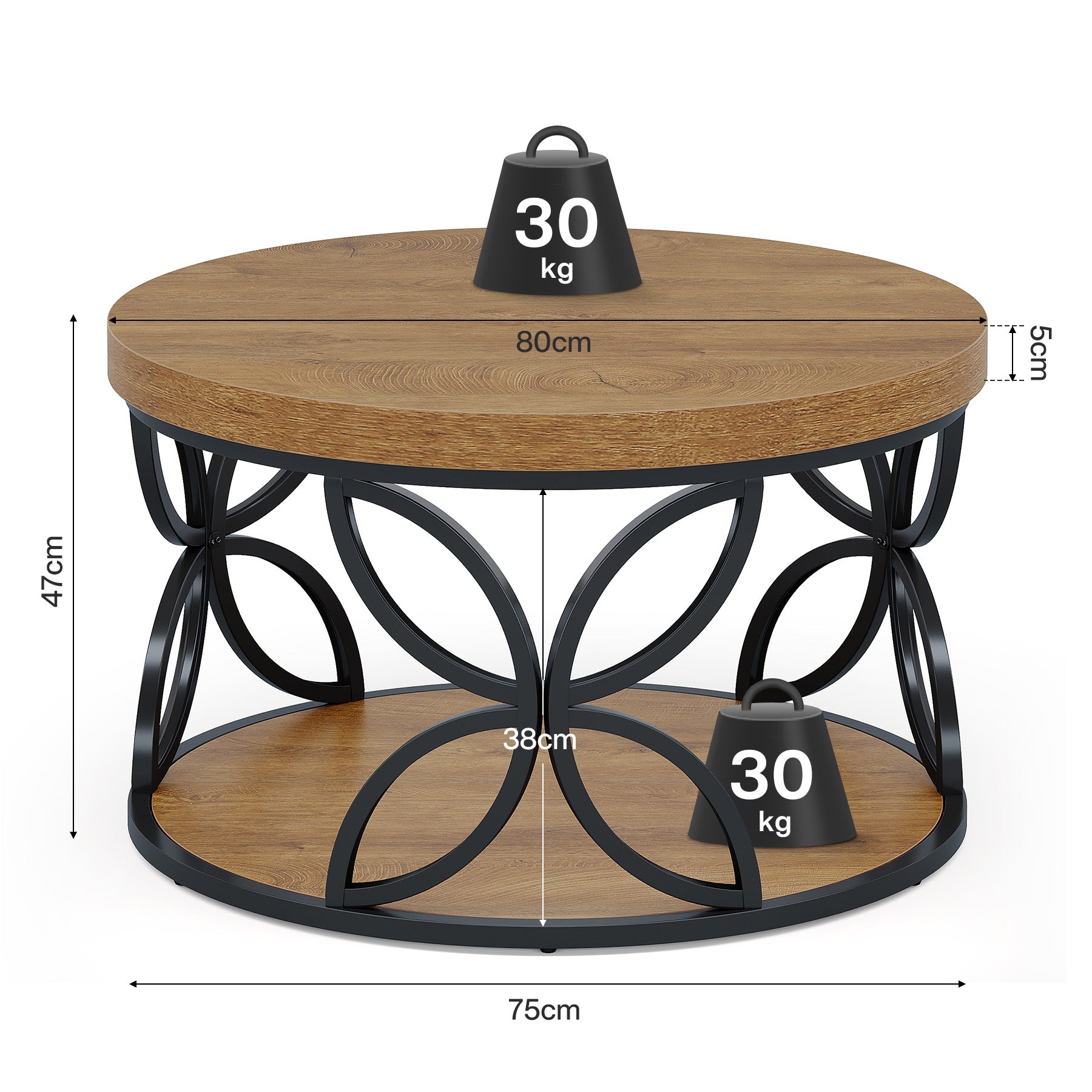 80 cm Tribesigns ronde salontafel met 2-laagse opbergruimte, landelijke woonkamertafel met houtlook en metalen frame voor woonkamer