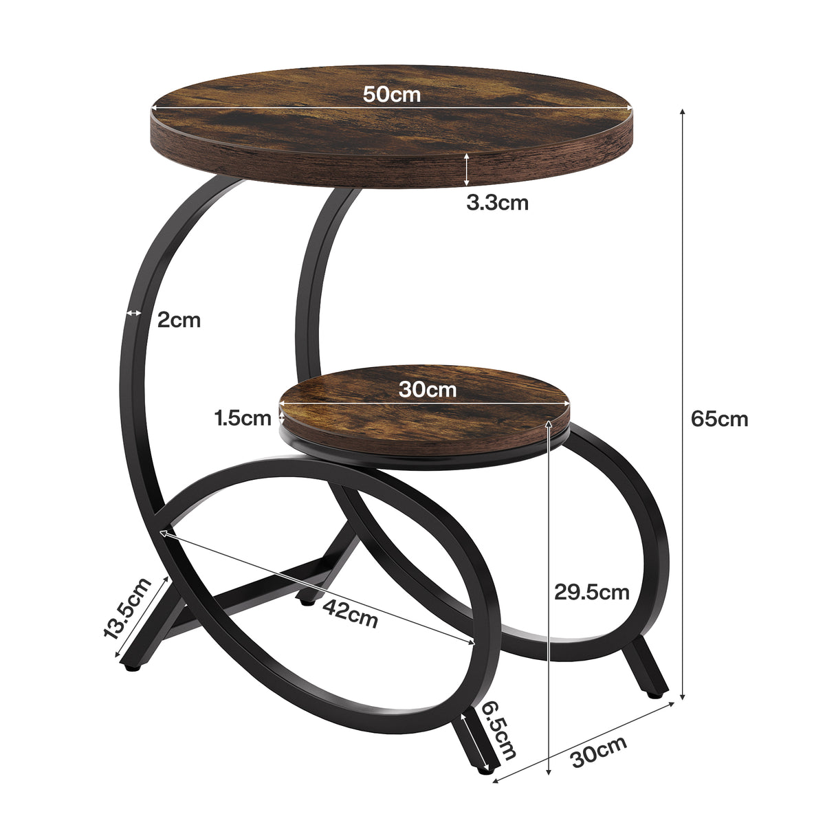 50 x 50 x 65 cm C-vormige bijzettafel met 2 opberglagen en industrieel ontwerp, ronde banktafel voor woonkamer en slaapkamer
