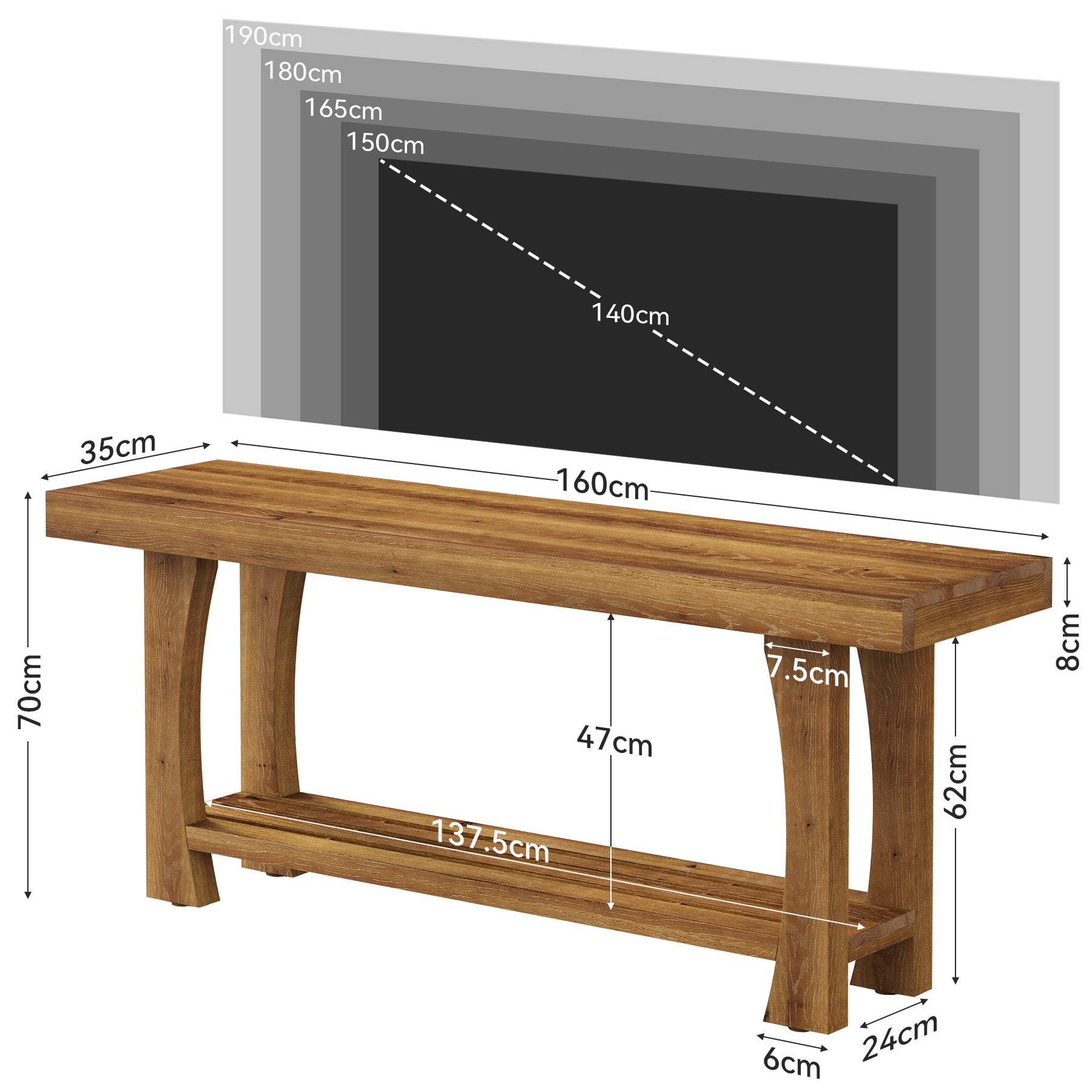 Tribesigns massief houten tv-meubel voor 55–70 inch tv’s, tv-kast met 2 opbergniveaus en taps toelopende houten poten