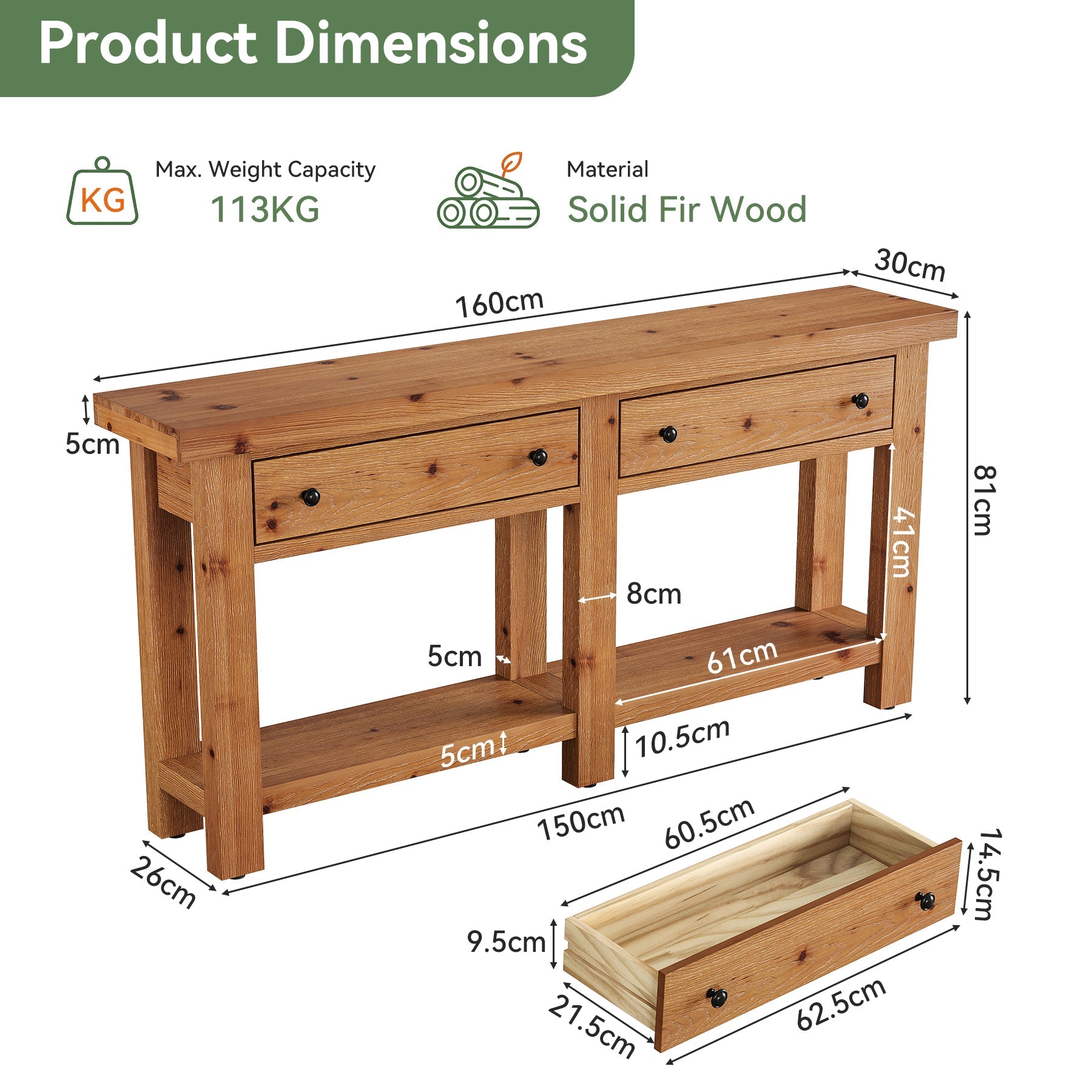 Tribesigns massief houten consoletafel 160 cm met 2 lades, smalle haltafel met plank