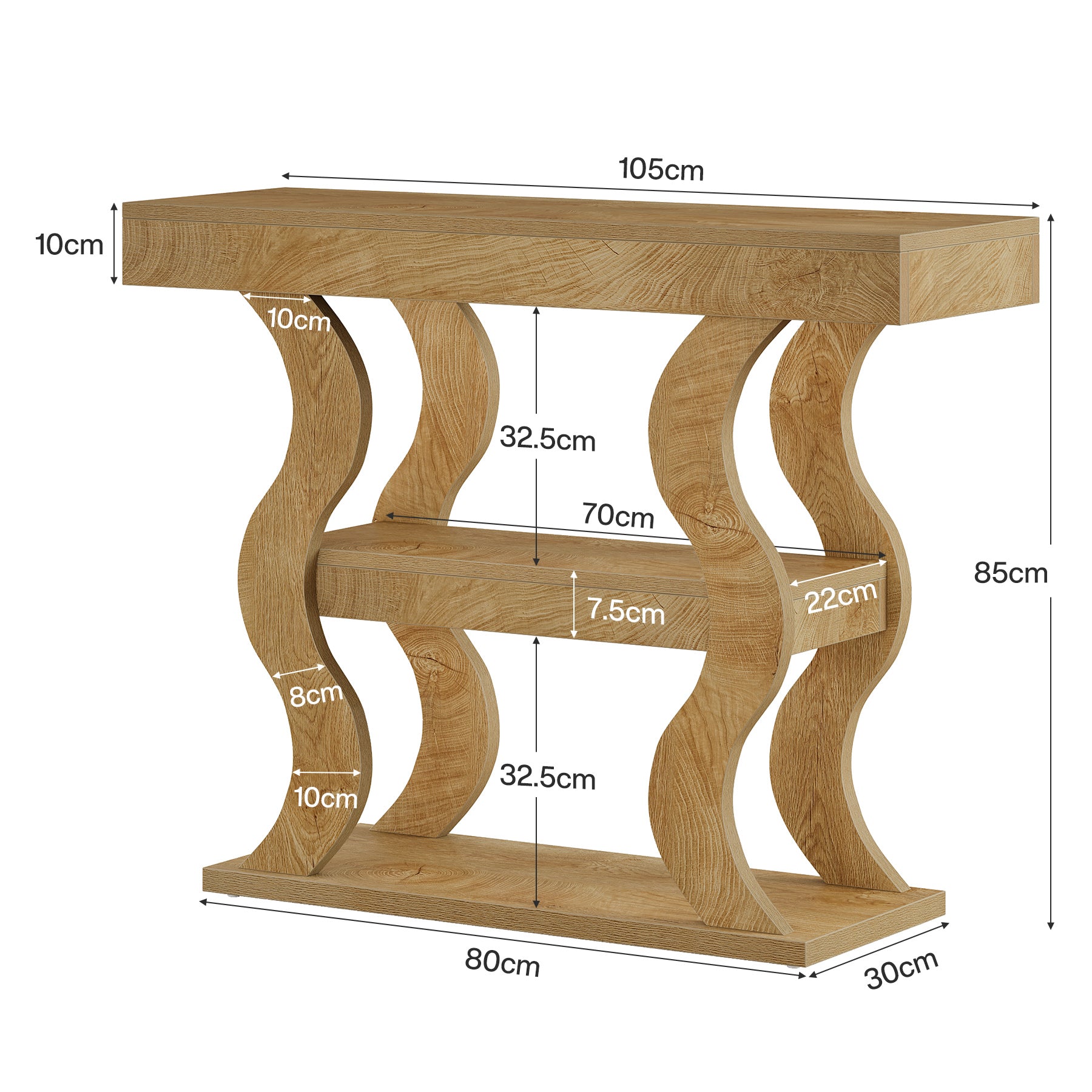 105 cm Smalle Consoletafel met 3 Planken, Houten Haltafel voor Entree