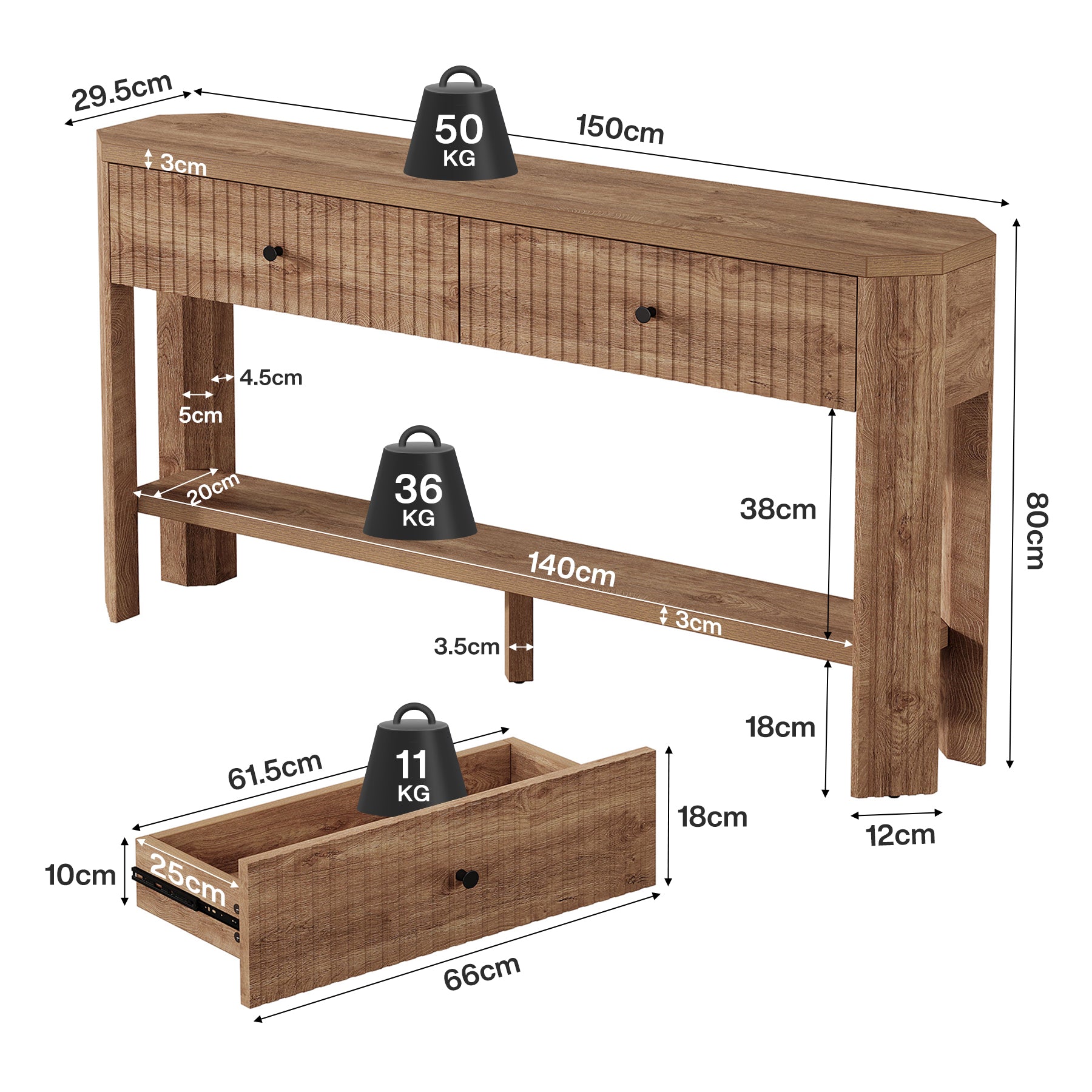 150 x 30 x 80 cm Tribesigns haltafel met 2 lades en open plank, smalle consoletafel voor entree en gang