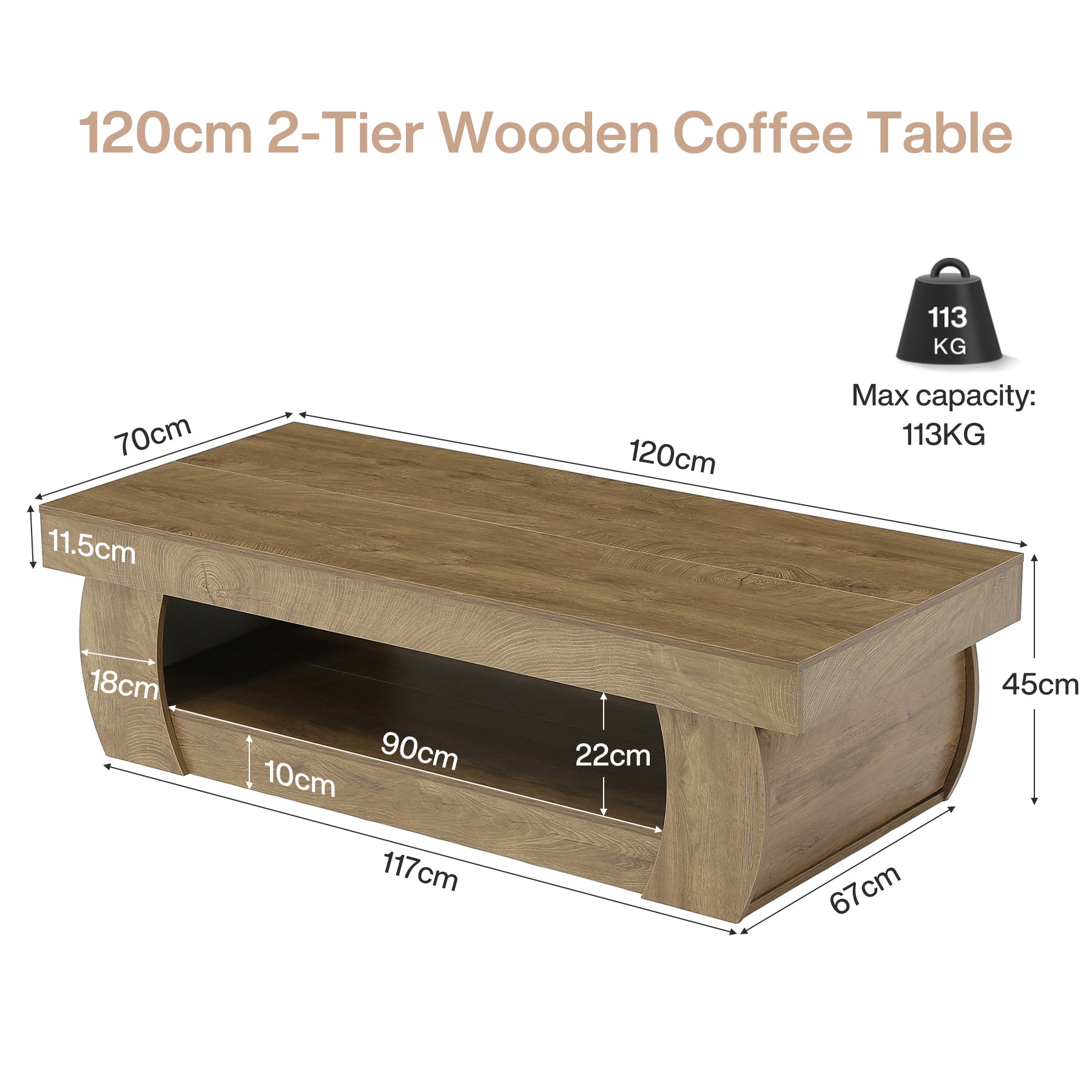 140 cm Tribesigns moderne salontafel met open opbergplank, rechthoekige woonkamertafel met gebogen zijkanten voor woonkamer