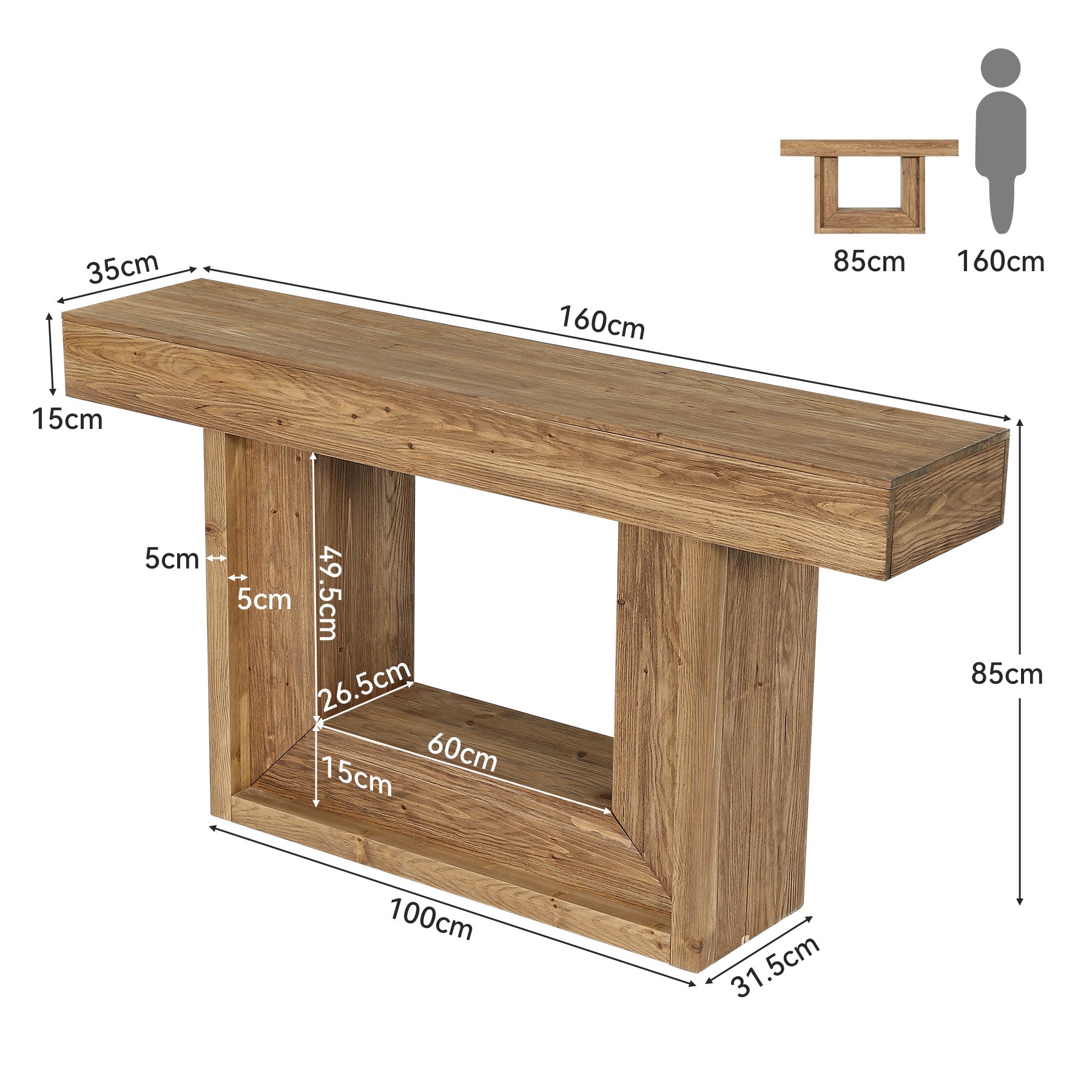 160 cm Houten Consoletafel met Open Opbergrek, Landelijke Smalle Haltafel vooar Woonkamer Entree Hal