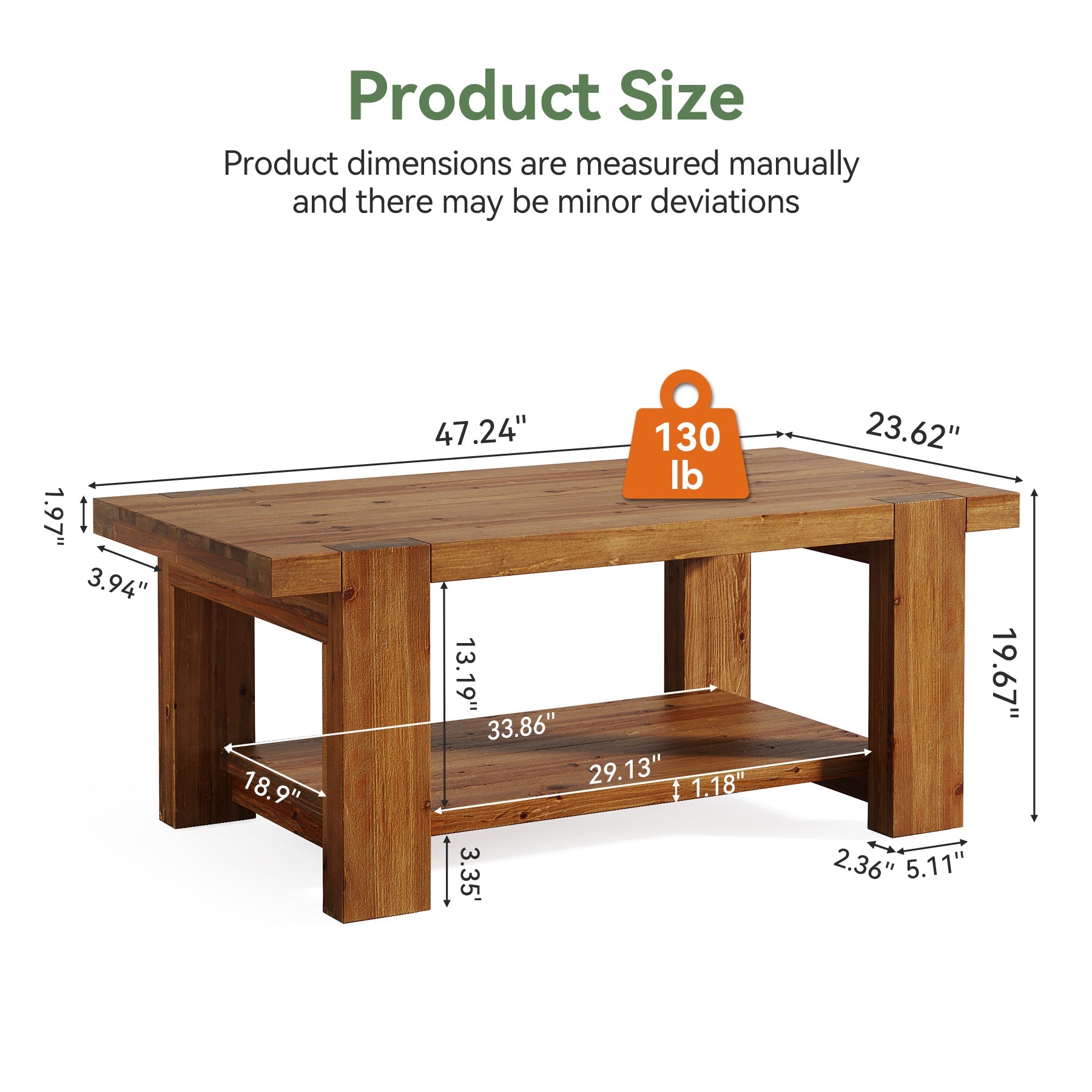 Tribesigns Massief Houten Salontafel 120 cm, Rechthoekige Woonkamertafel met Opbergplank