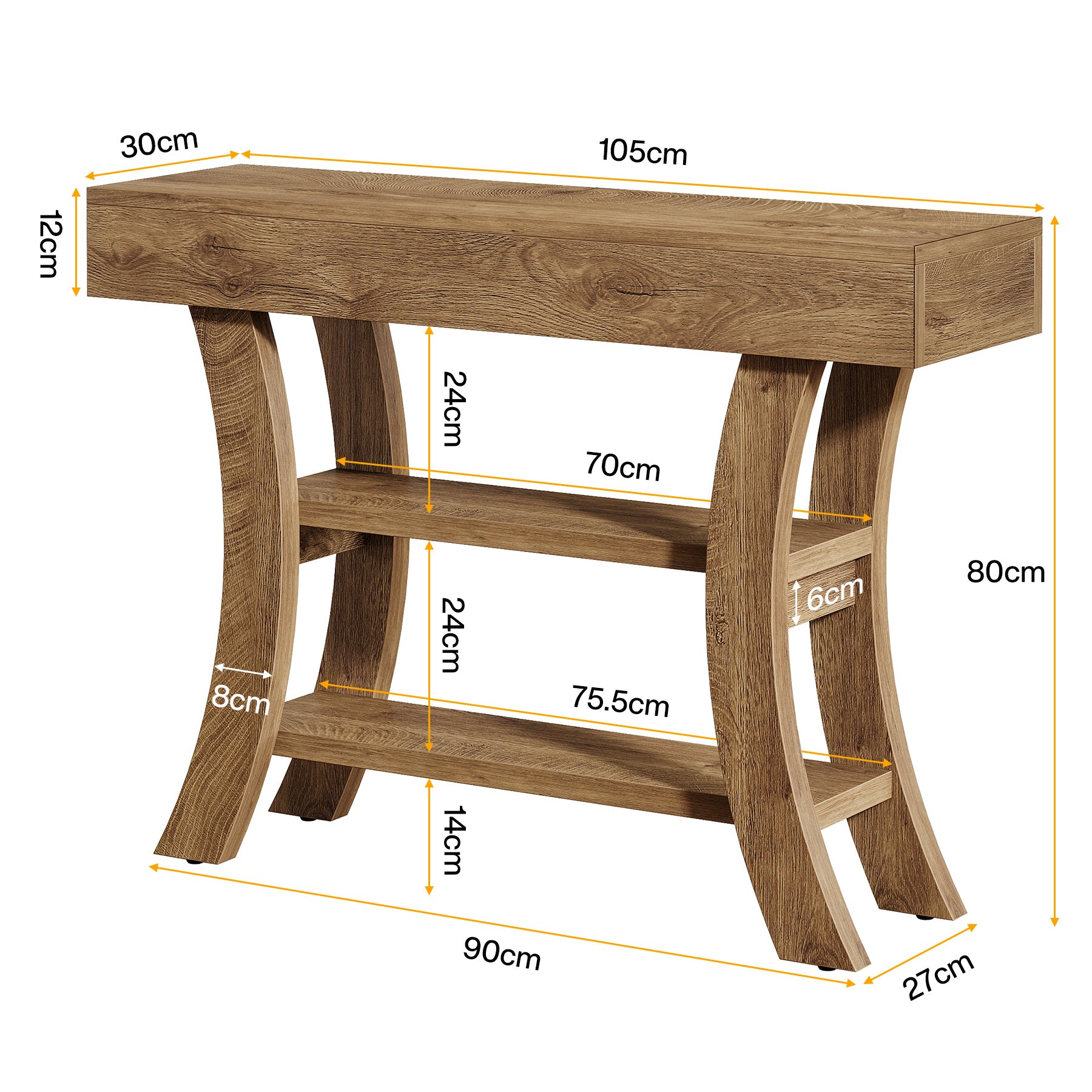 105 cm Landelijke Consoletafel, Drieplanken Salontafel met Gebogen Frame voor Hal