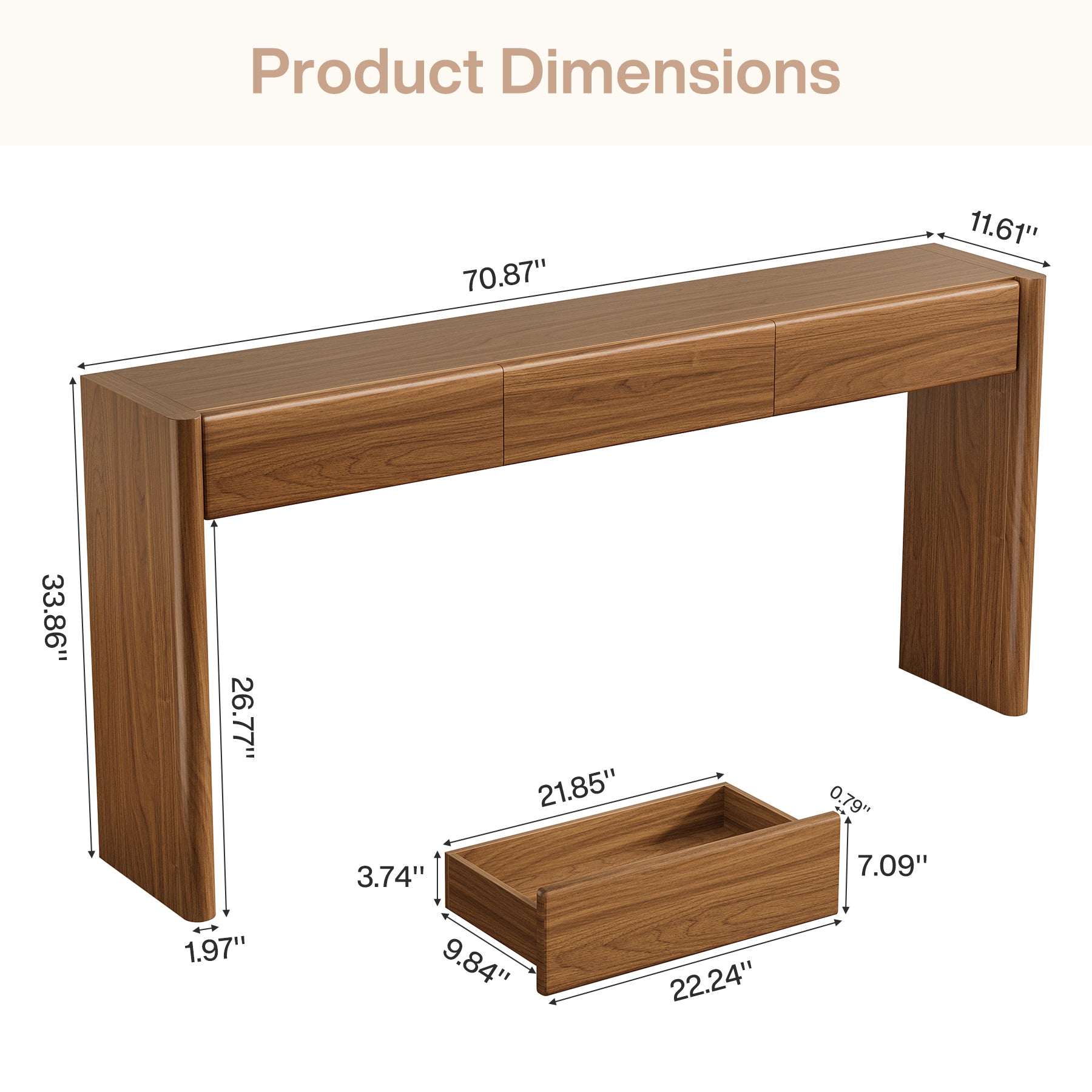 180 cm Landelijke Consoletafel met 3 Laden, Houten Haltafel met Opbergruimte