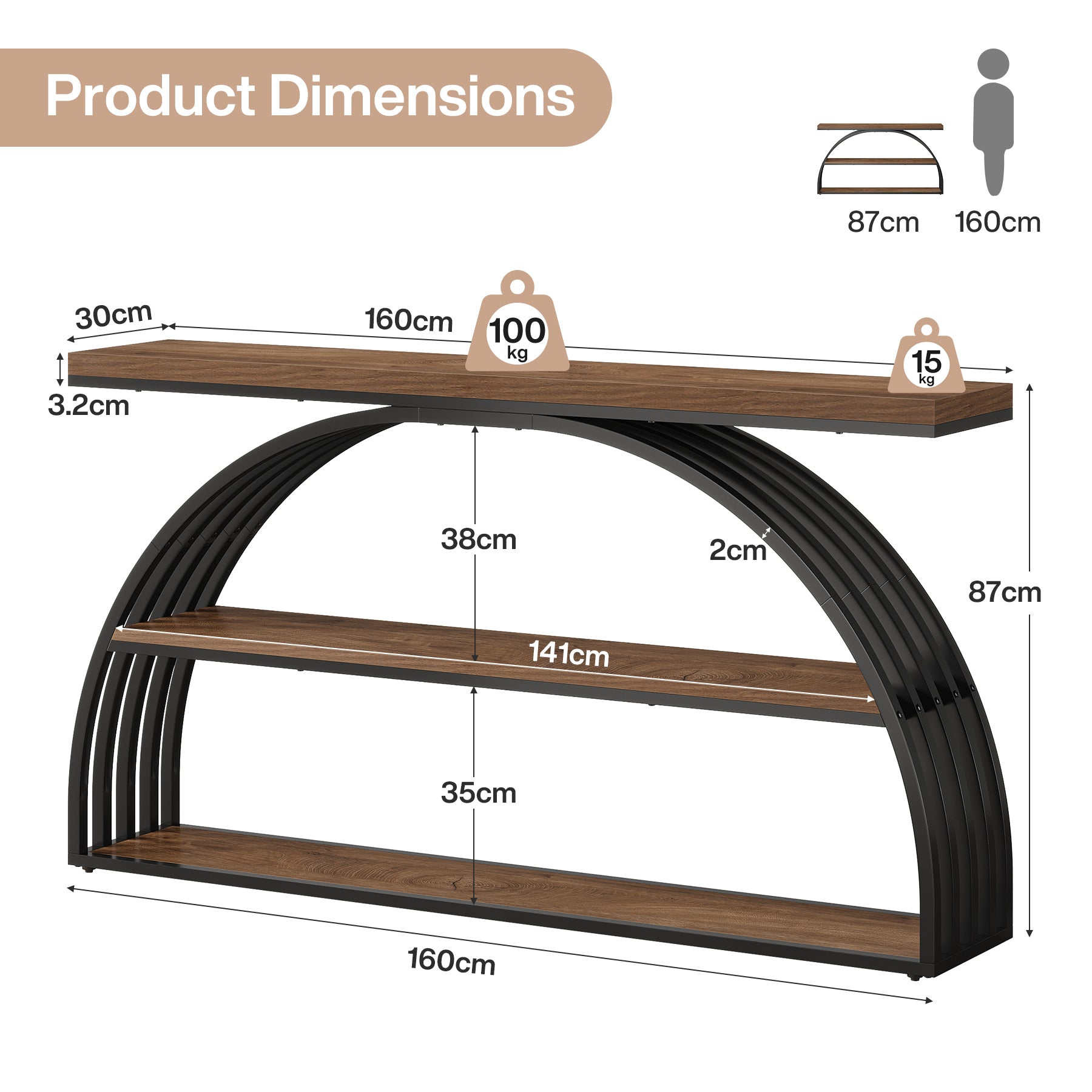 Consoletafel van 160 cm in Rustiek Bruin met Gebogen Frame, Industriële 3-Lagen Hal- en Banktafel voor Woonkamer en Entree