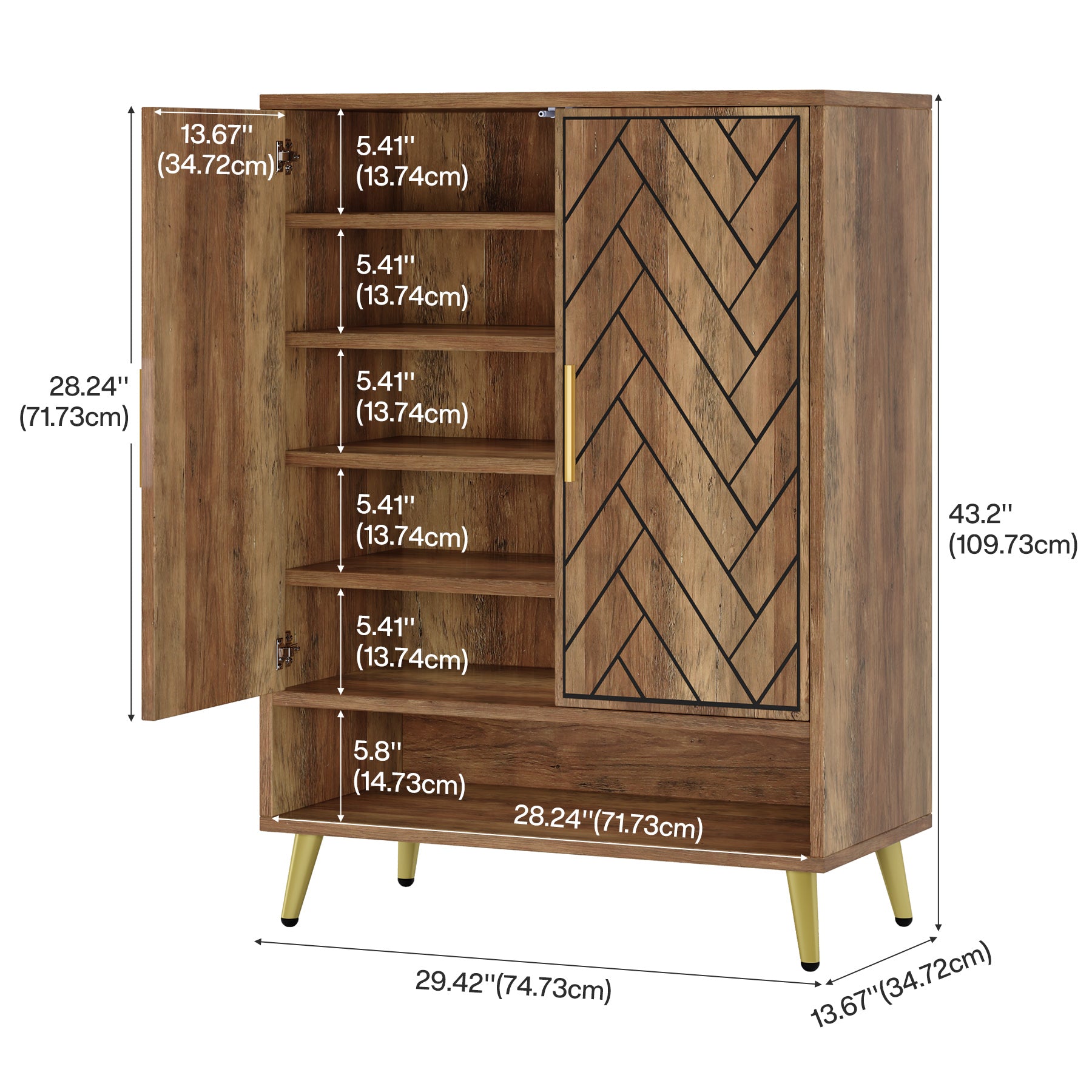 110 cm Schoenenkast met Deuren, Notenhouten Opbergmeubel met Zes Planken voor Hal en Slaapkamer
