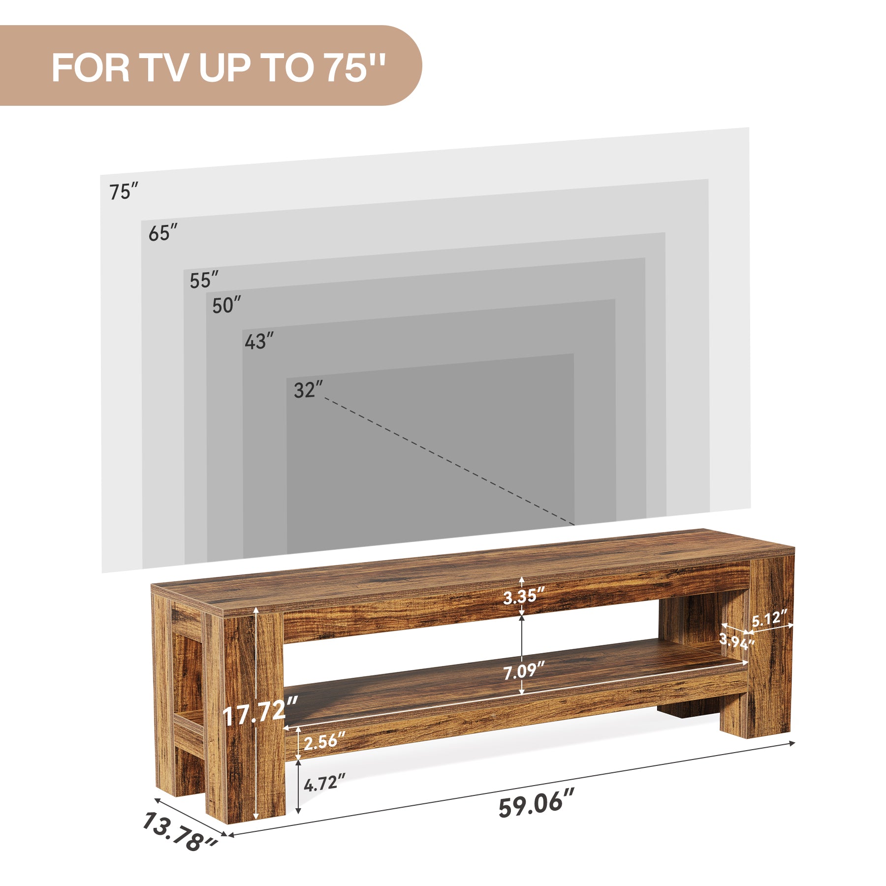 150 cm TV Meubel met Opbergruimte, Rustieke TV Kast voor Woonkamer Slaapkamer 55-75 Inch TV