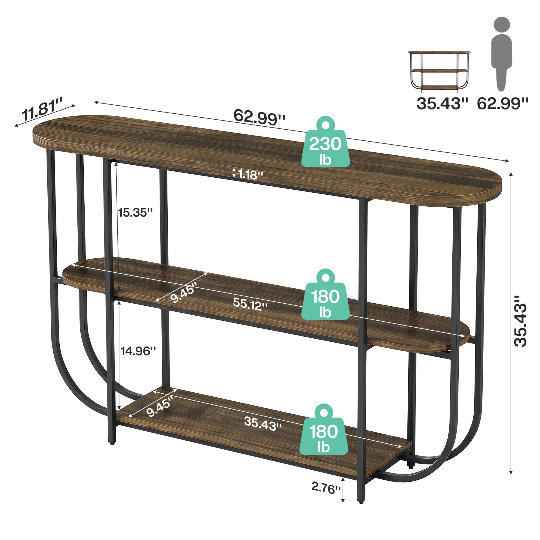 Tribesigns consoletafel van 160 cm, smalle haltafel met 3 niveaus en metalen onderstel