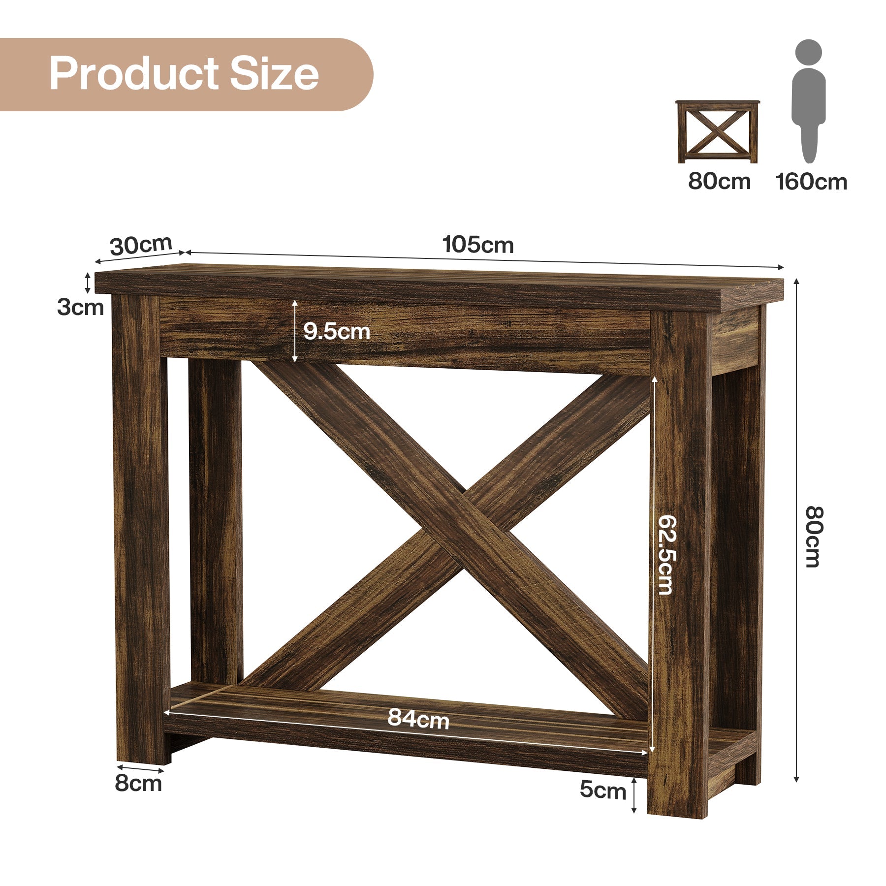 Tribesigns consoletafel 105 cm in landelijke stijl met plank, smalle haltafel met 2 niveaus