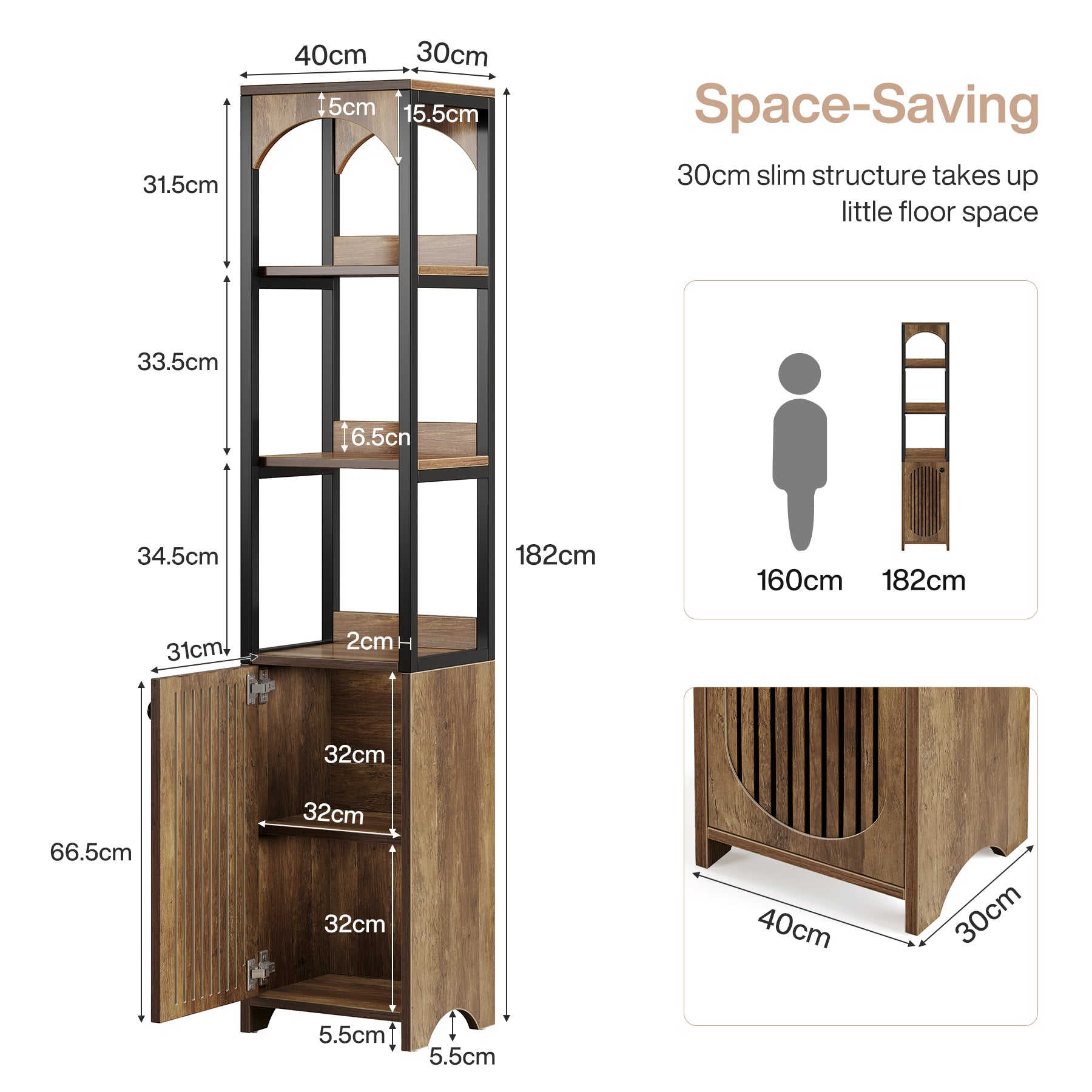 180 cm Hoge Boekenkast, Industriële Hoekkast met Lamellendeur voor Woonkamer en Kantoor