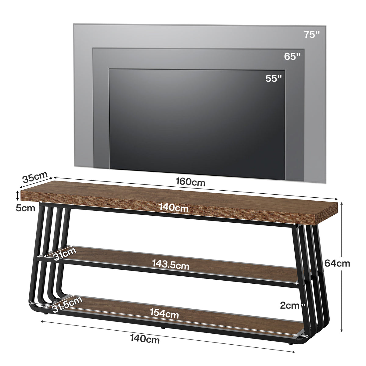 160 cm tv-meubel met 3-laags open opbergrek en metalen frame, industriële tv-kast voor woonkamer en entertainmentruimte