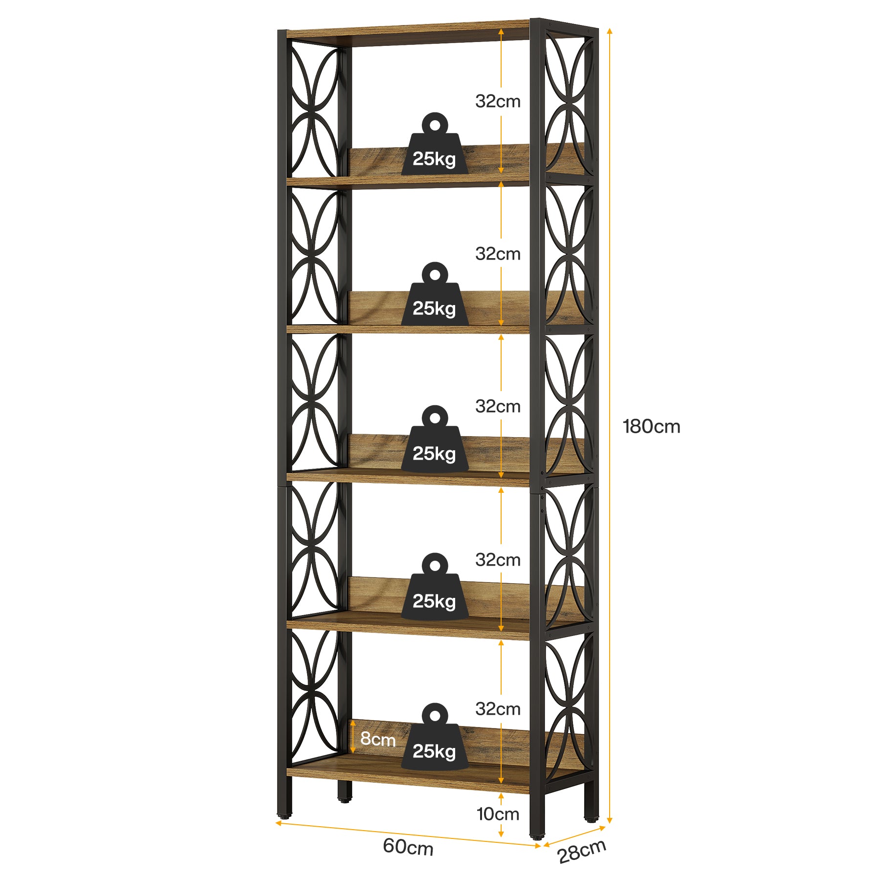 180 cm Hoge Boekenkast, Industriële Boekenplank Met 6 Planken En Metalen Frame