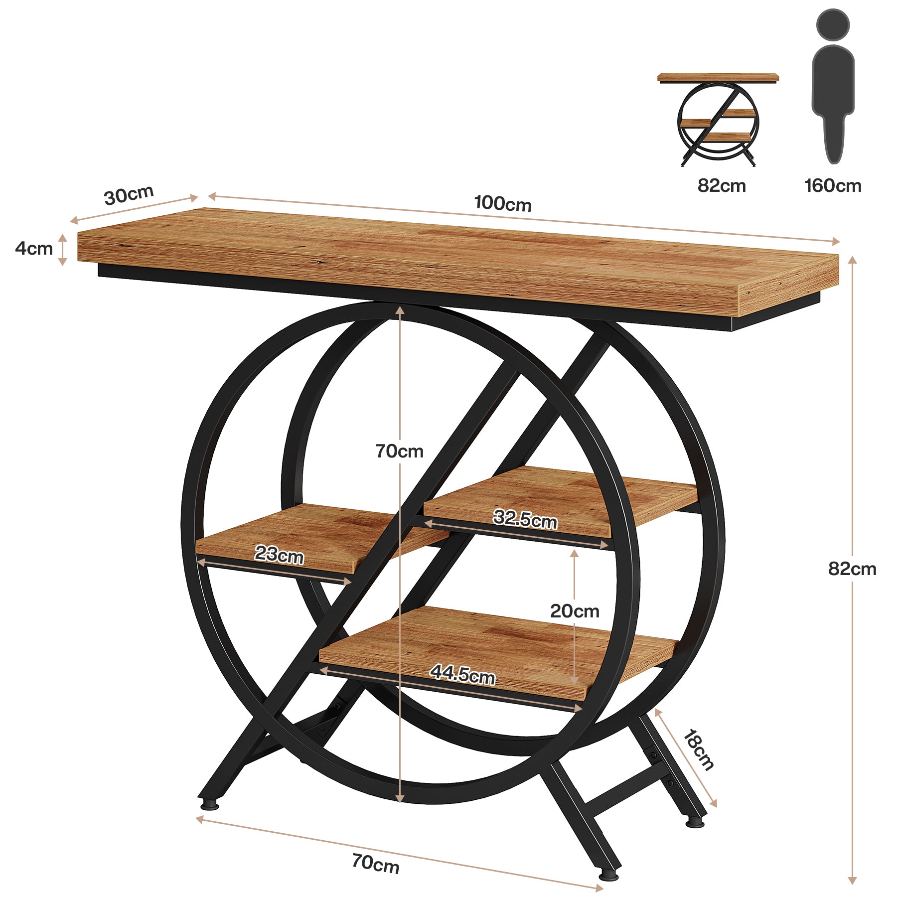100 cm Industriële Consoletafel – Geometrisch Frame met Dik Blad voor Rustieke Uitstraling