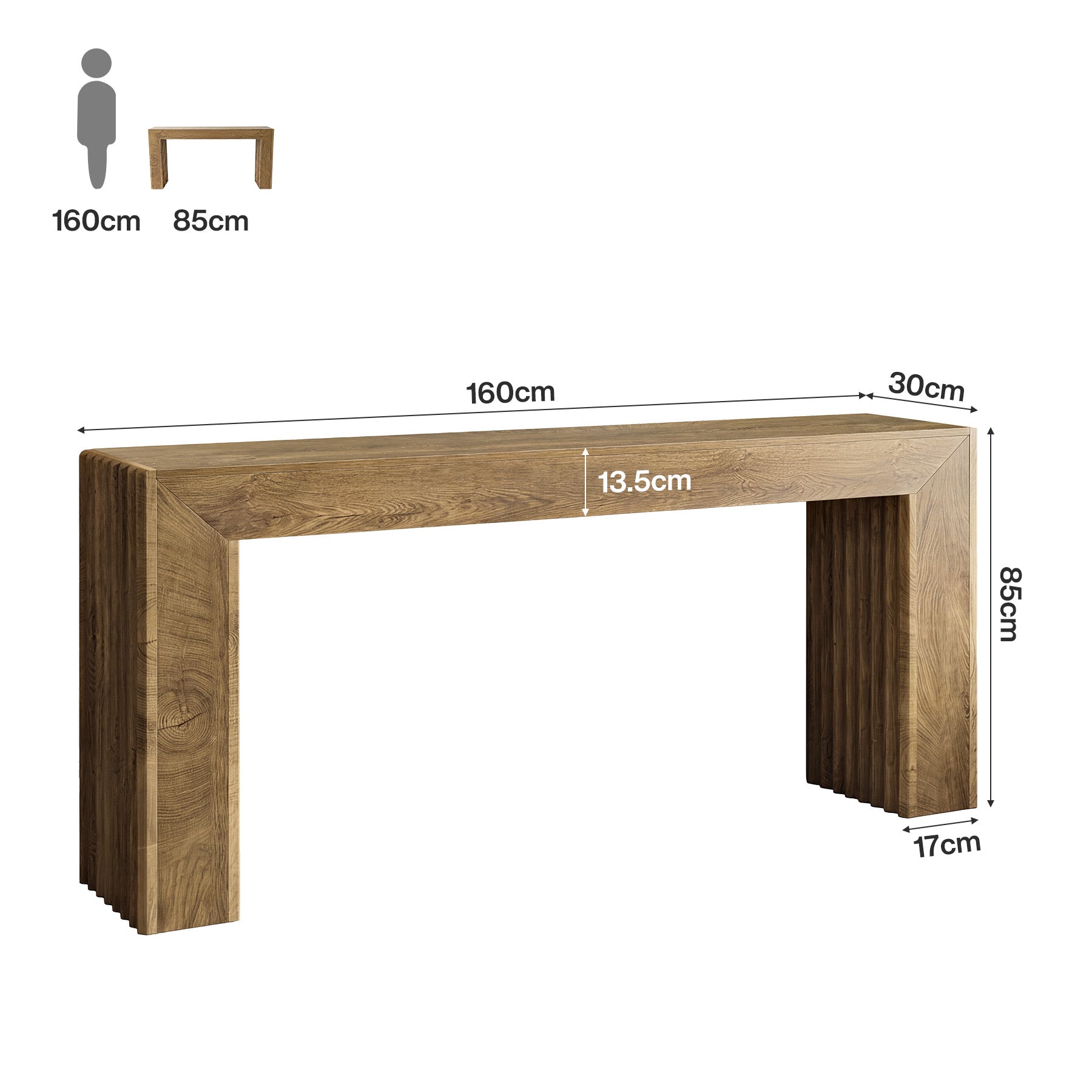 160 cm Entreetafel met Gefreesde Panelen, Smalle Haltafel met Kolompoten voor Hal en Woonkamer