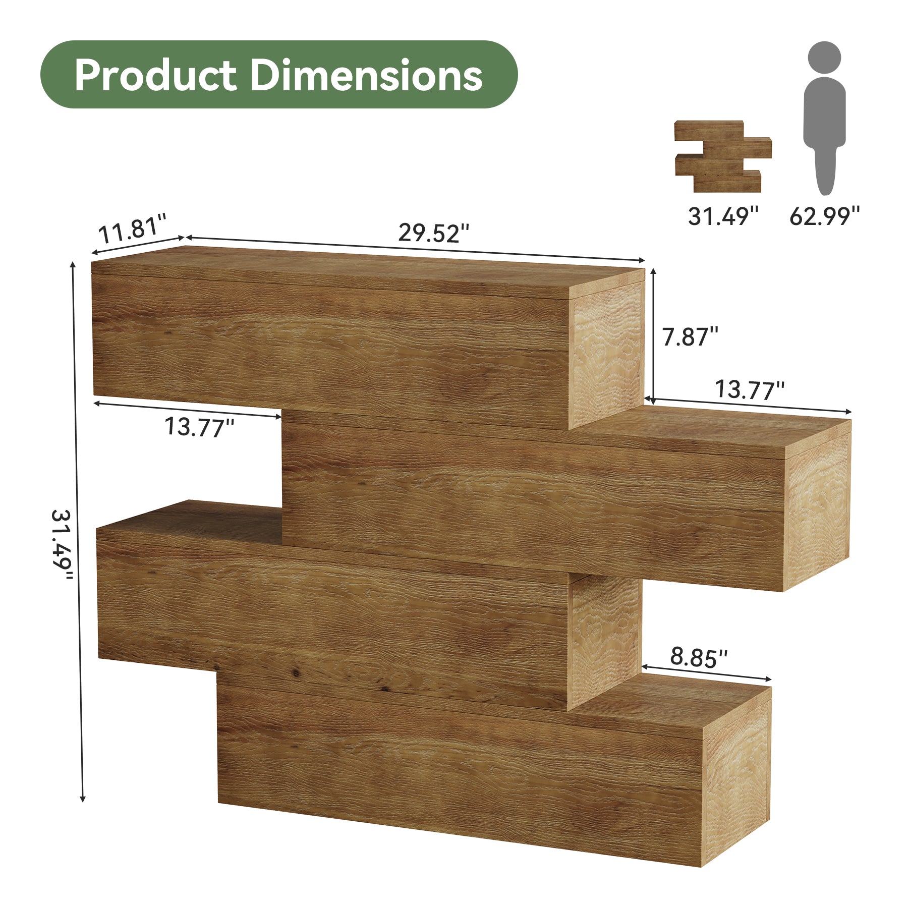 Tribesigns Massief Houten Console Tafel 110 cm met 4 niveaus, smalle haltafel in landelijke stijl