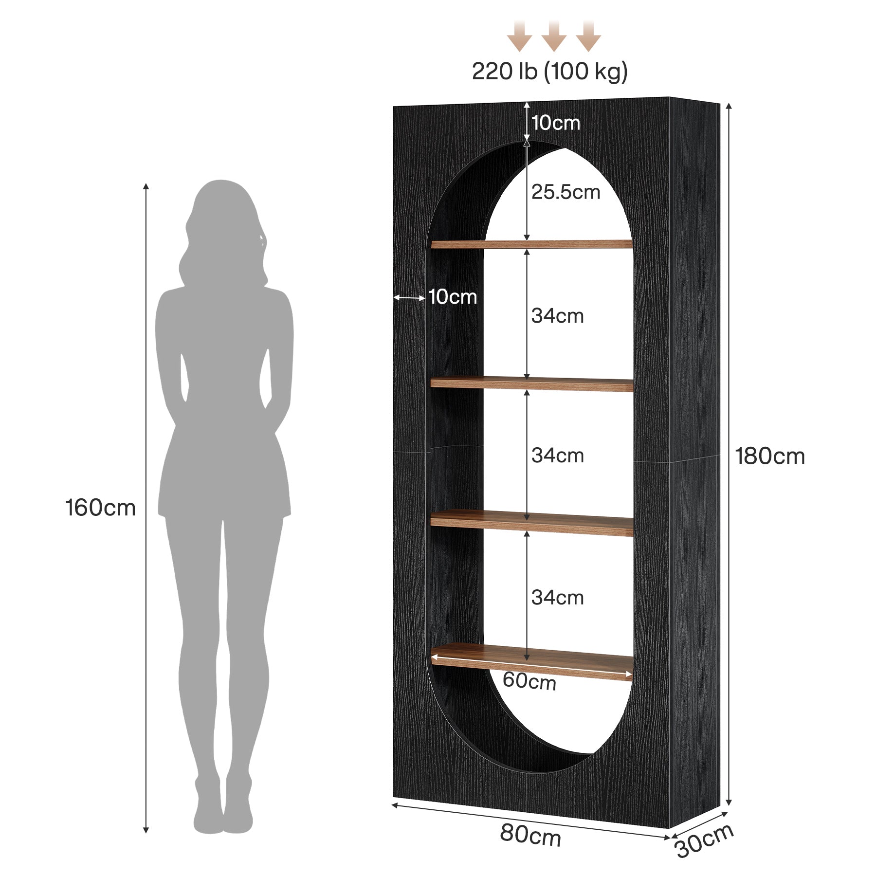 Tribesigns boekenkast van 180 cm, 5 niveaus met ronde boog, smalle vrijstaande kast met veel opbergruimte