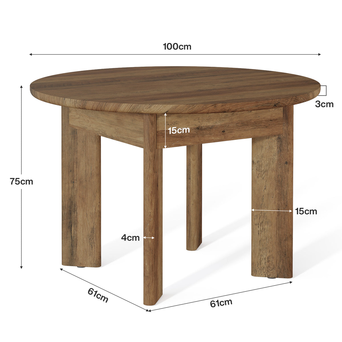 100 cm ronde eettafel voor 4 personen met dikke gebogen poten, compacte keukentafel in landelijke stijl voor eetkamer