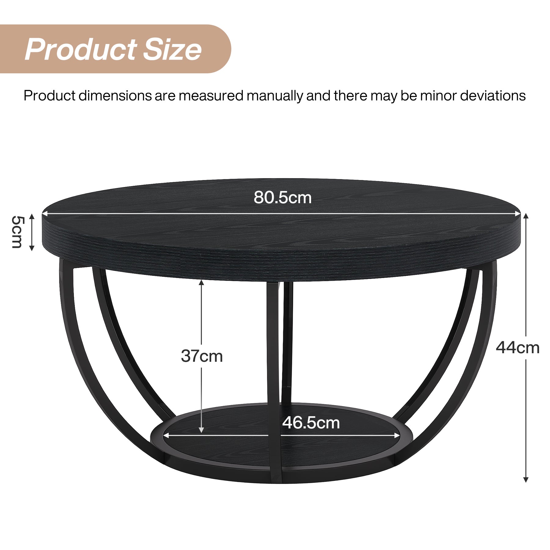 80,5 cm Ronde Industriële Salontafel, Tweelaags Middentafel in Rustiek Bruin en Zwart