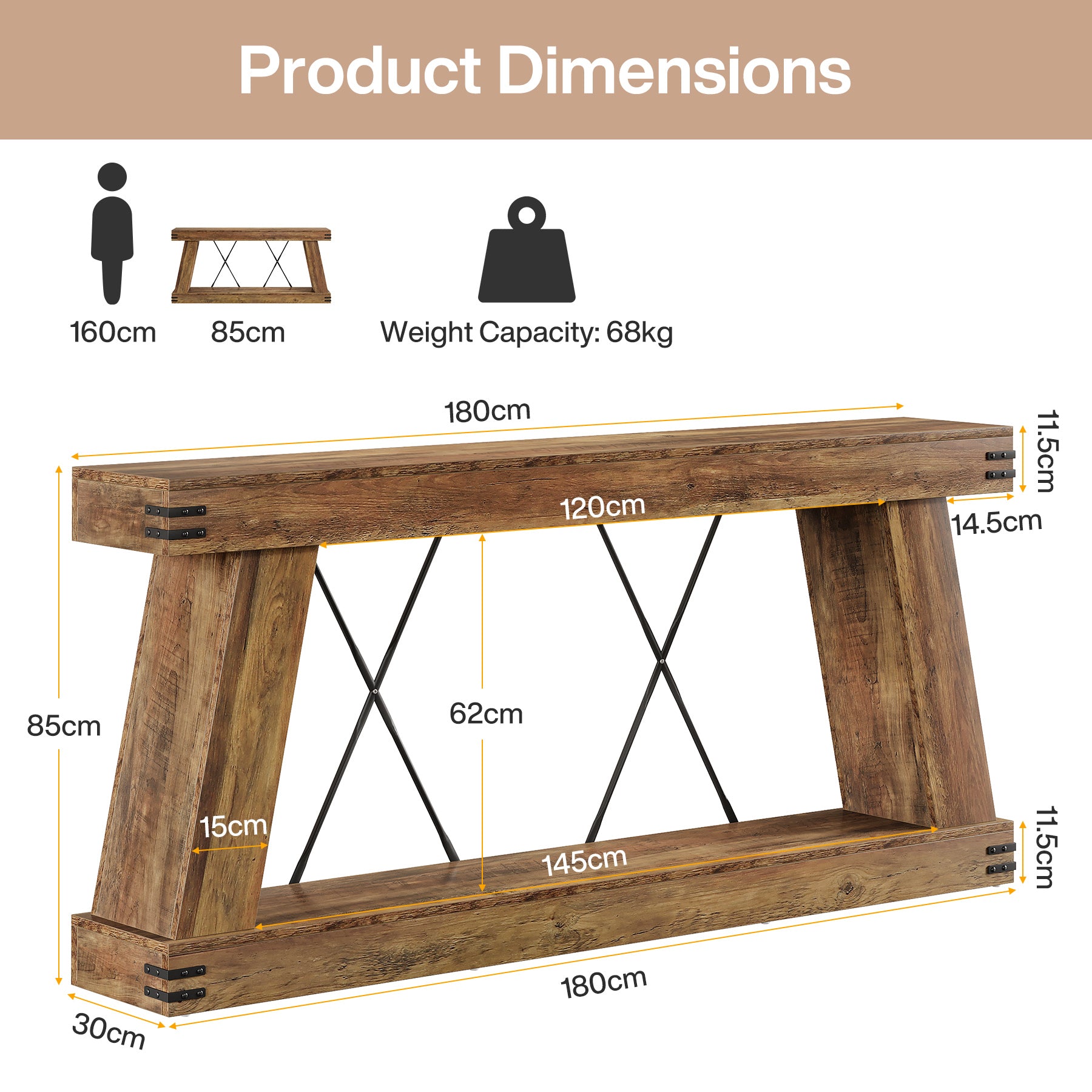 180 cm Lange Consoletafel met Opbergruimte, Smalle Houten Haltafel voor Woonkamer en Entree