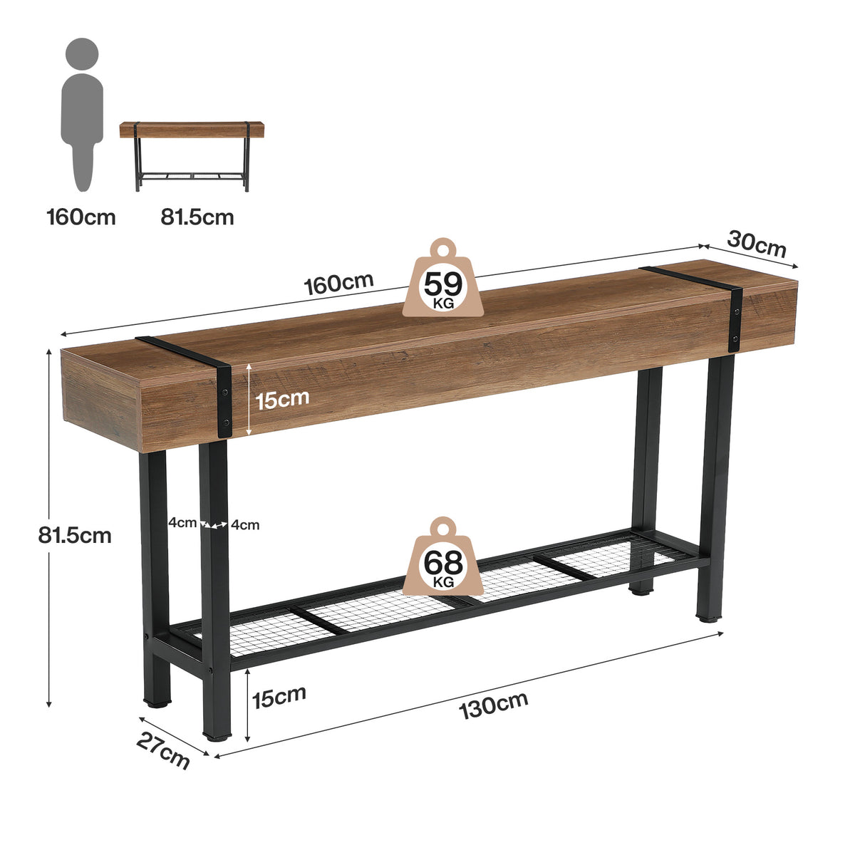 160 cm Tribesigns industriële consoletafel met 2 niveaus, smalle banktafel voor hal en achter de bank