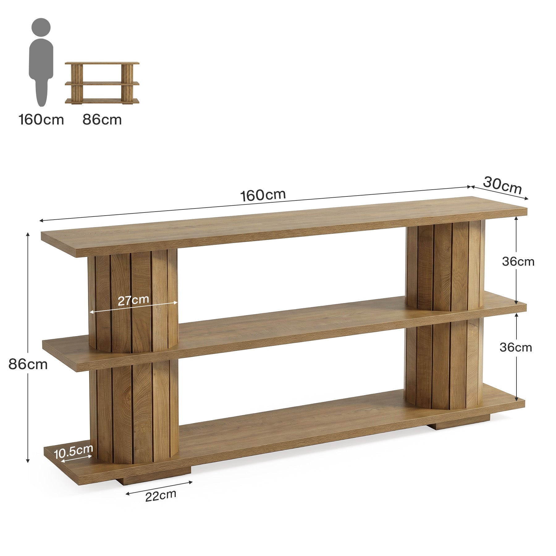 160 cm Consoletafel met 3-Laags Opbergrekken, Lange Haltafel voor Woonkamer en Entree