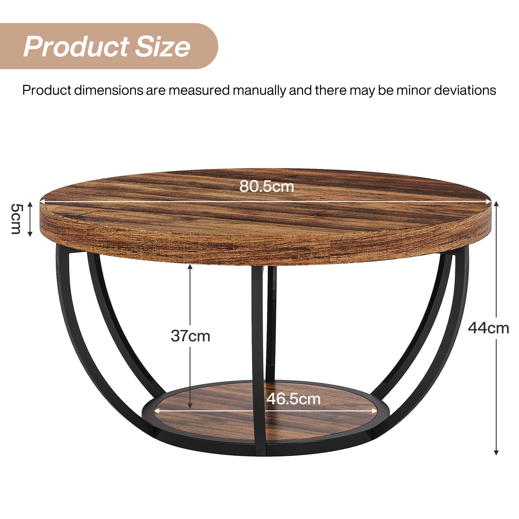 80,5 cm Ronde Industriële Salontafel, Tweelaags Middentafel in Rustiek Bruin en Zwart