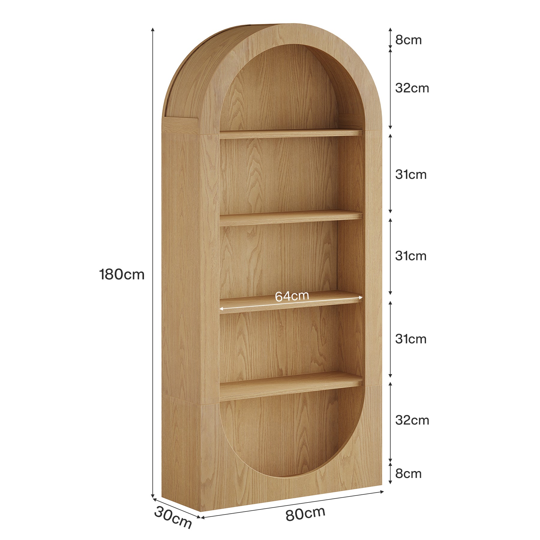 180 cm Hoge Gewelfde Boekenkast, 5-Laags Vrijstaand Boekenrek met Open Planken voor Woonkamer en Kantoor