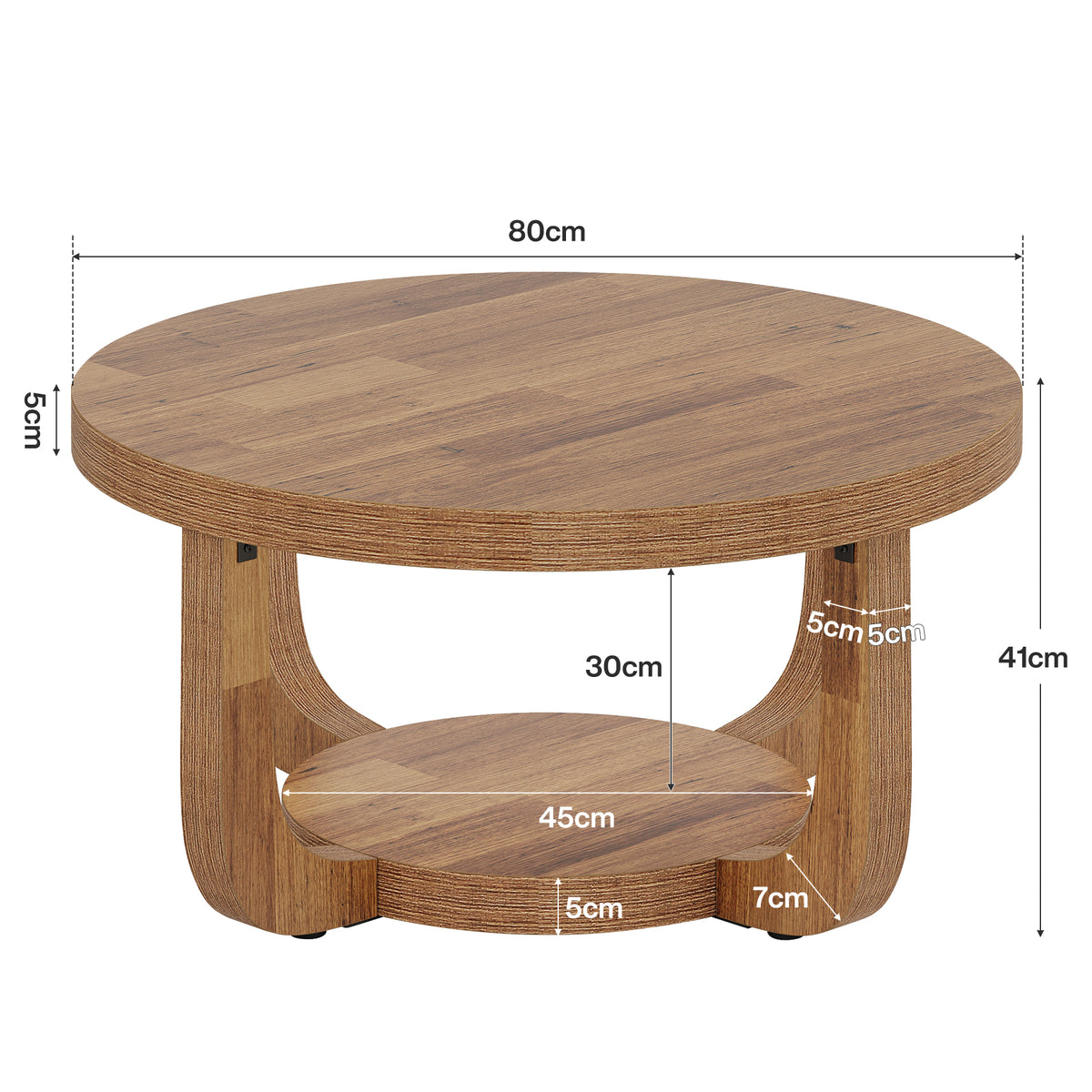 Ronde Salontafel van 80 cm met 2 Lagen en Opbergruimte, Moderne Houten Accenttafel in Rustiek Bruin voor Woonkamer
