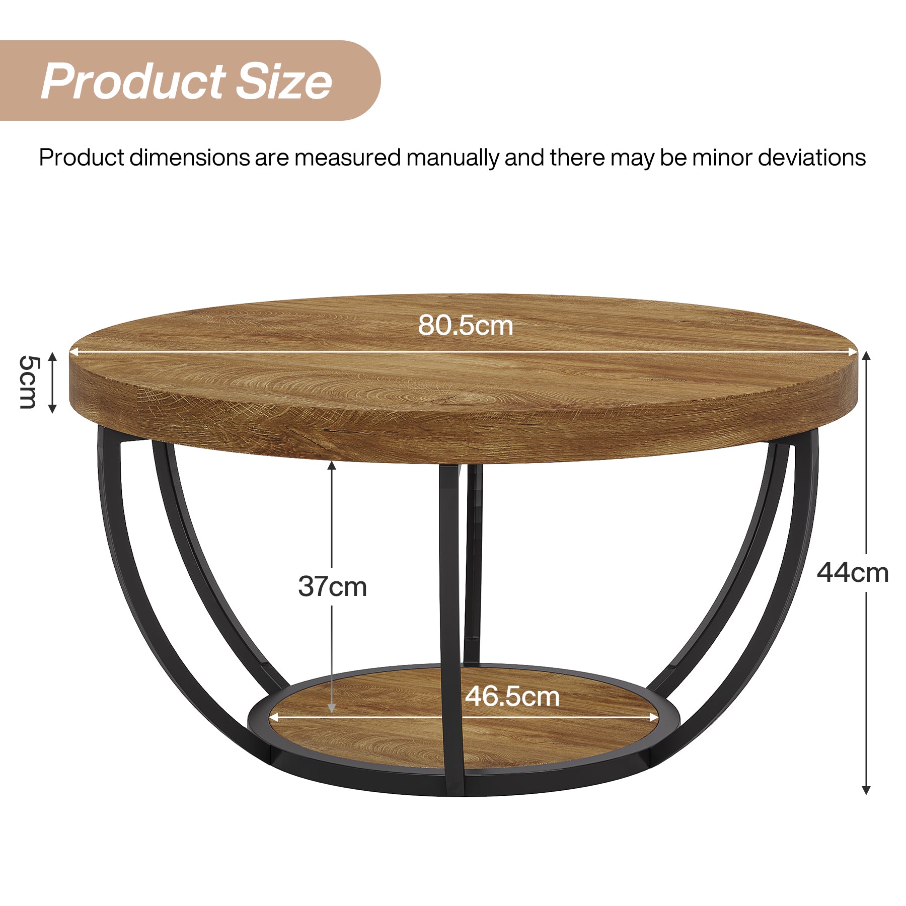 80,5 cm Ronde Industriële Salontafel, Tweelaags Middentafel in Rustiek Bruin en Zwart